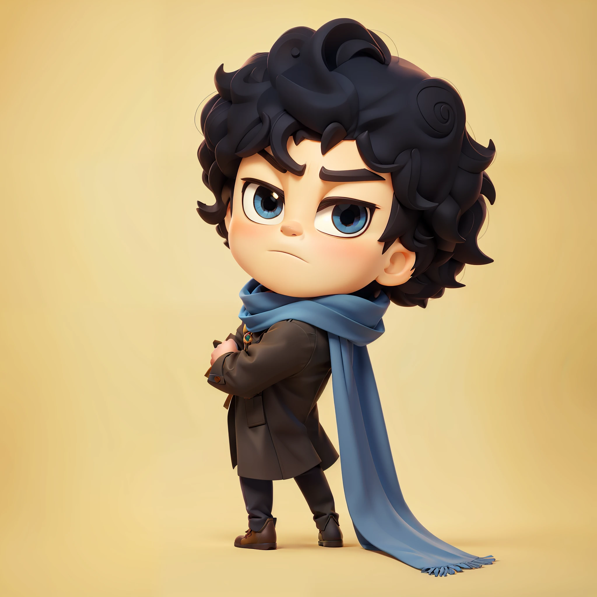 3D渲染,Disney style,Pixar Style,Pure background,highdetailed,High Picture Quality,Highest Resolution,8K, Turn your back to the audience,looking back at viewer,A look of disdain,Hold your hands to your chest,Caricature of a boy wearing a trench coat with a scarf and a scarf around his neck,, He has short curly brown hair , avatar image, telegraph stickers