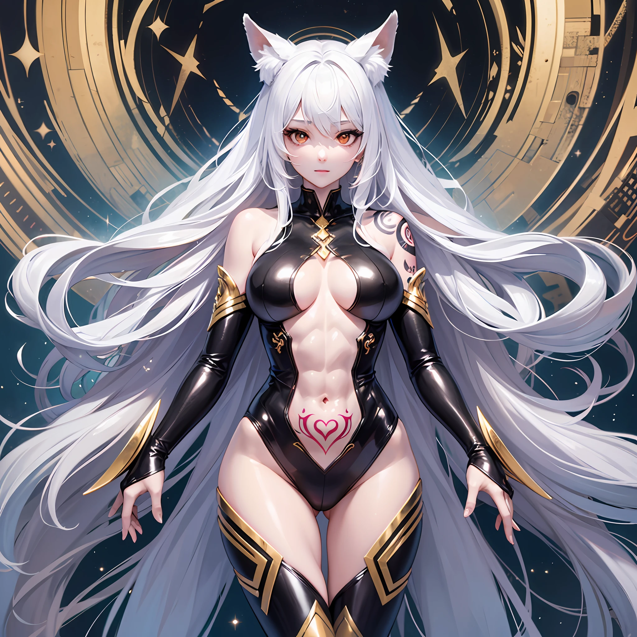 1人の獣女、pure white and very cute fox beast woman, black rubber suit, tattooed, white long wavy hair, sparkling gold big eyes, ABS, great proportions, full body shots, background kaleidoscope, 、the anime、, illustration, FANTASY, portrait、, animification, Highres, beste Quality, very high image quality, Super Detailed, ultra Realistic, pfotorealistic --auto