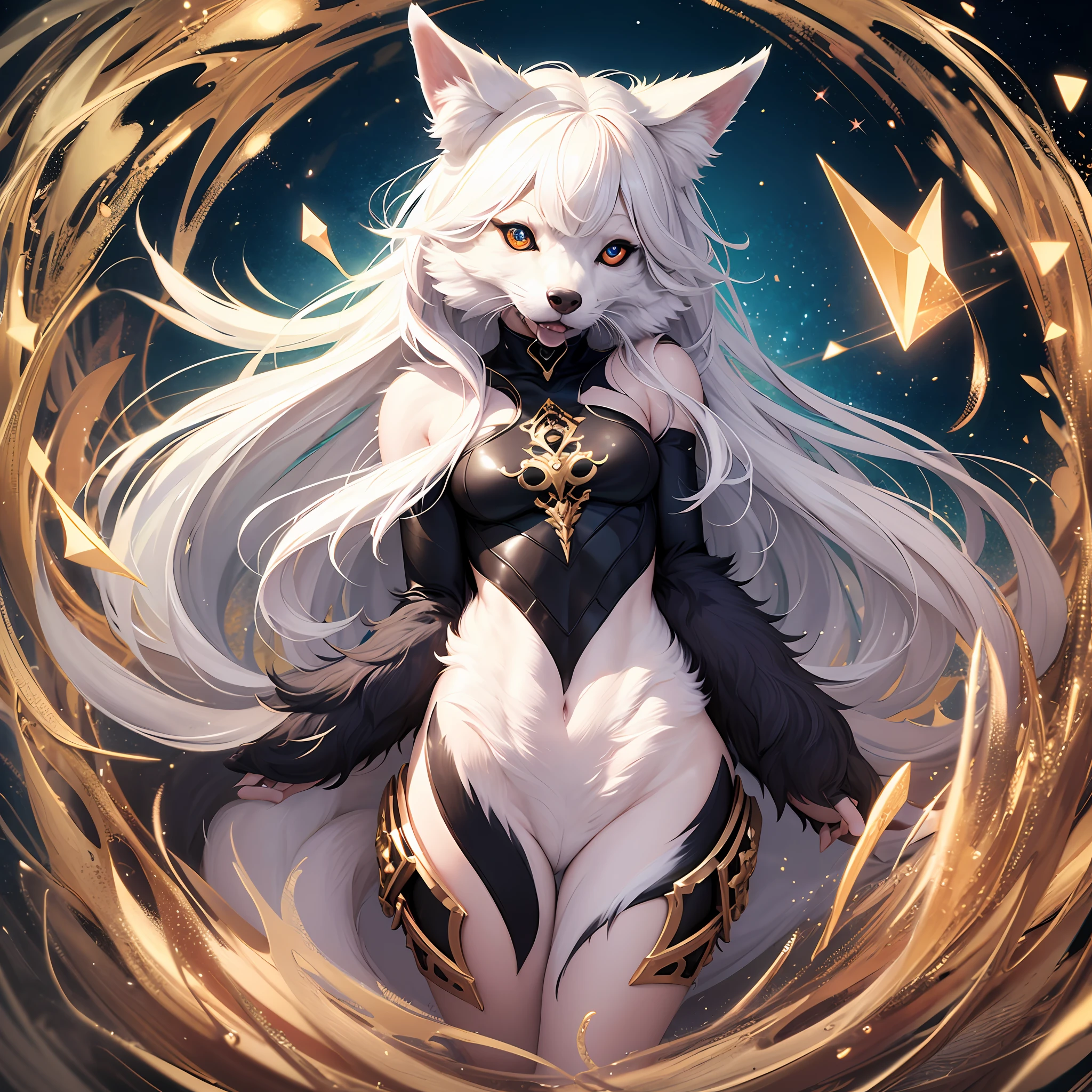 1人の獣女、pure white and very cute fox beast woman, black rubber suit, tattooed, white long wavy hair, sparkling gold big eyes, ABS, great proportions, full body shots, background kaleidoscope, 、the anime、, illustration, FANTASY, portrait、, animification, Highres, beste Quality, very high image quality, Super Detailed, ultra Realistic, pfotorealistic --auto