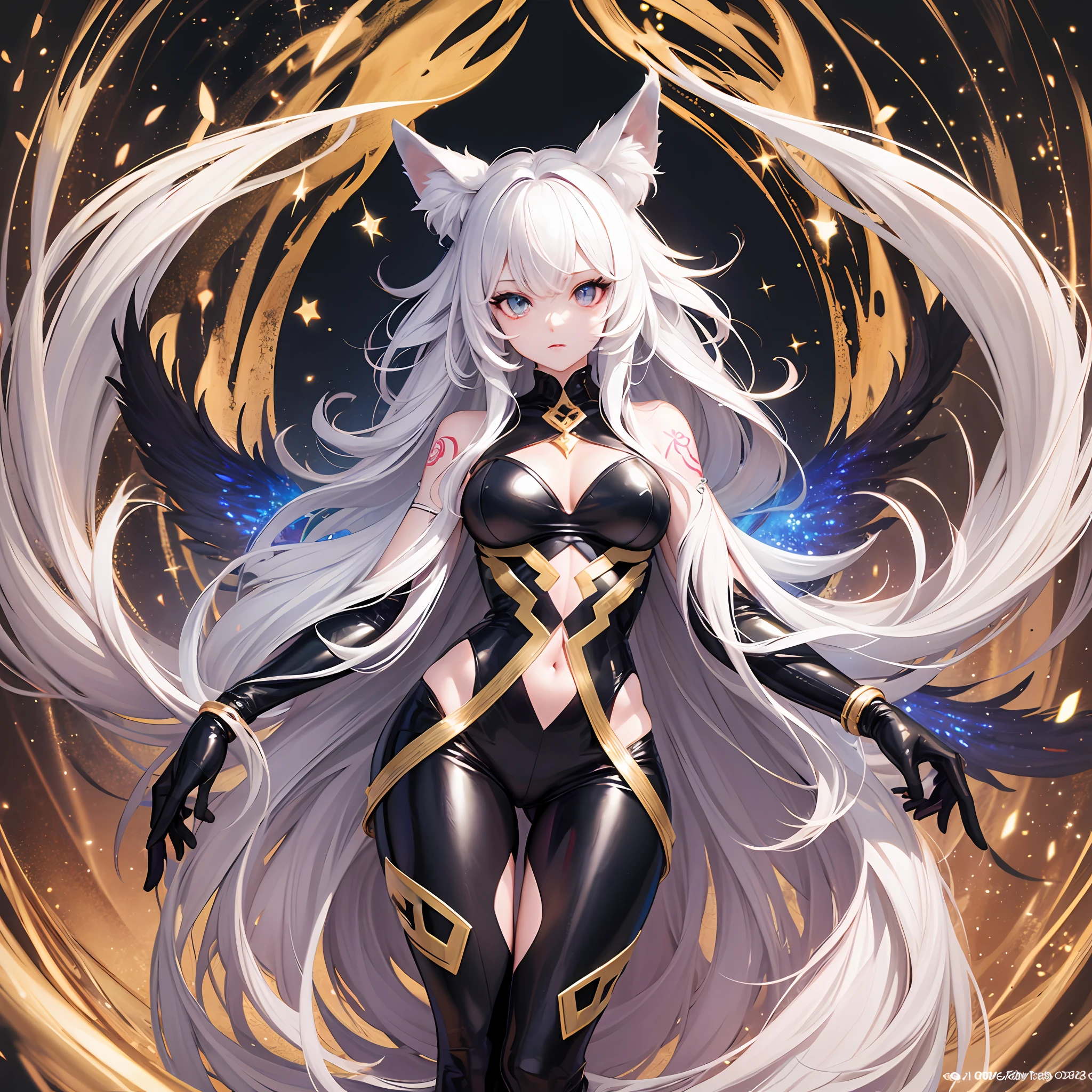 1人の獣女、pure white and very cute fox beast woman, black rubber suit, tattooed, white long wavy hair, sparkling gold big eyes, ABS, great proportions, full body shots, background kaleidoscope, 、the anime、, illustration, FANTASY, portrait、, animification, Highres, beste Quality, very high image quality, Super Detailed, ultra Realistic, pfotorealistic --auto
