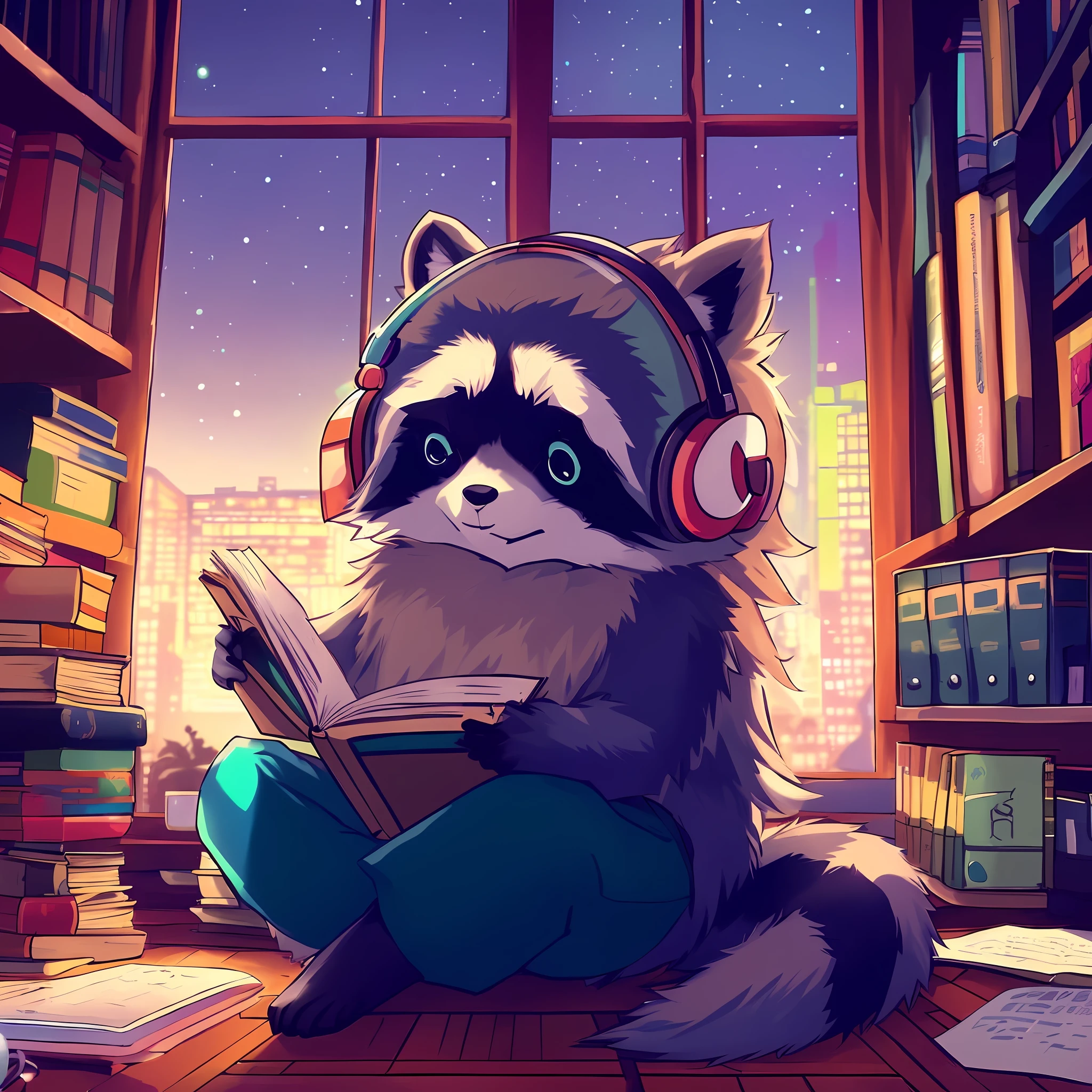 a raccoon sitting on a floor reading a book in a library, lofi art, lofi artstyle, racoon, anthropomorphic racoon, lofi hip hop, lofi portrait, lofi vibes, rocket raccoon, lofi vibe, anime art wallpaper 4 k, anime art wallpaper 4k, 4 k manga wallpaper, high quality wallpaper