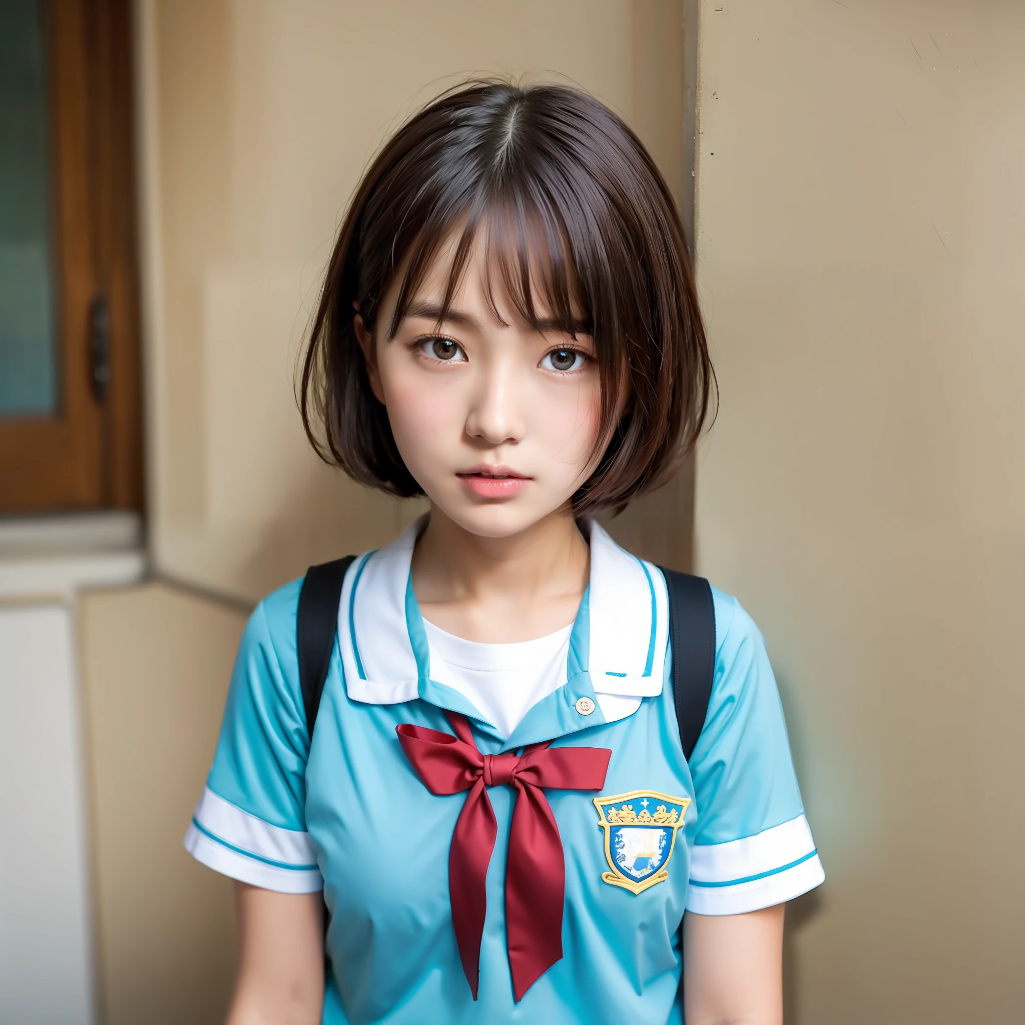 Cute high school girl looking at camera、Short cut、up shot of the face、Summer uniform、from front view