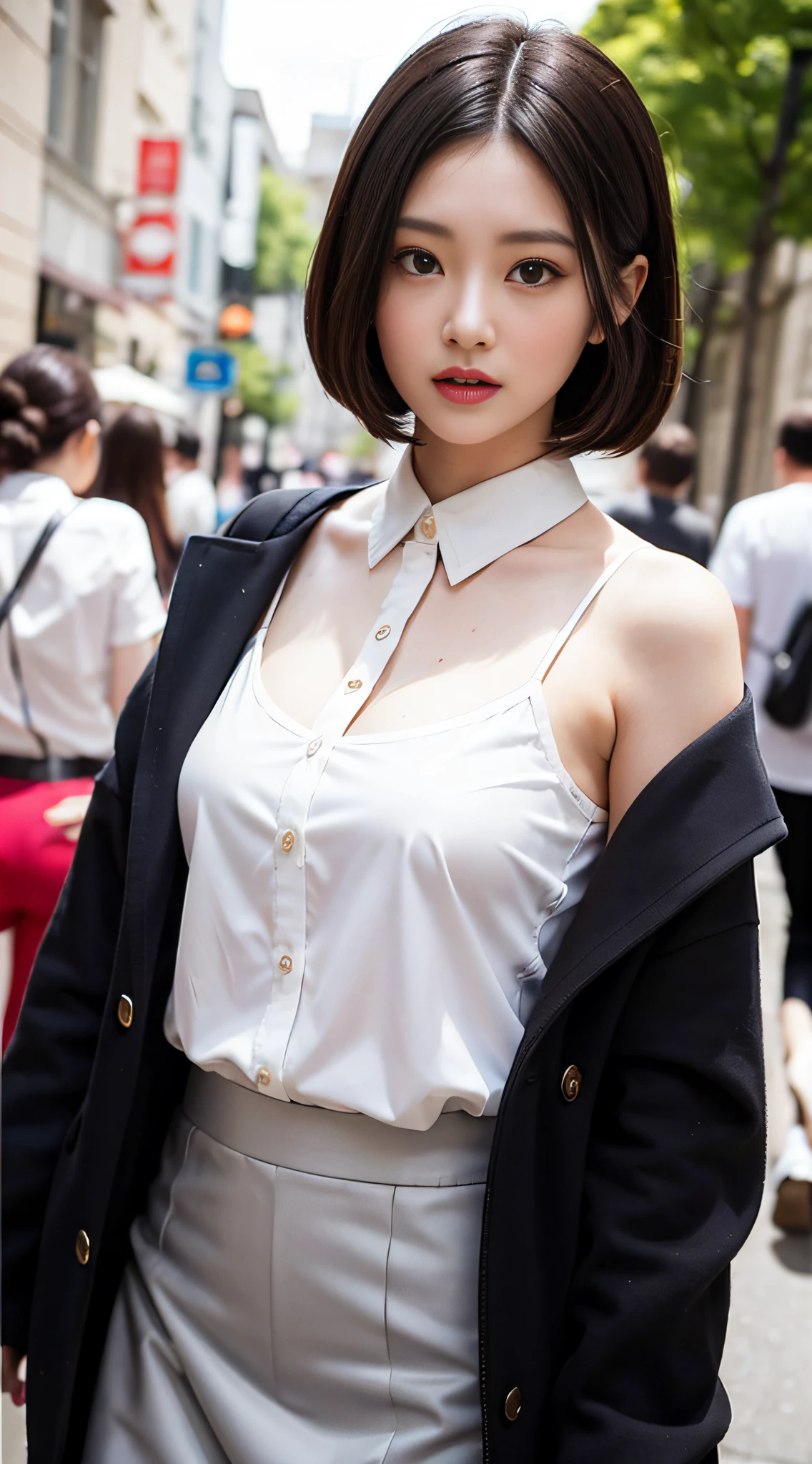 A beautiful girl, wearing cheongsam, exquisite facial features, exquisite face, black shoulder length short hair, exquisite hair style, beautiful and pure, refined temperament, , model figure, slim and slender figure, gray transparent floral skirt, upper body close-up, 8k resolution, the highest quality, really 5.0 texture, Cosmo Lady, urban night scene, street, chairman secretary, tail hair straight, white inch shirt, secretary shorts, Mature women with thin faces,shidudou，,pantyhose