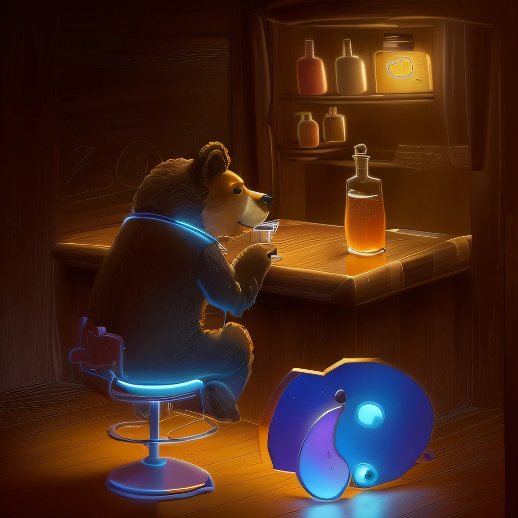 cartoon of a bear sitting in a chair in front of a refrigerator, at a bar, in a bar, sitting at the bar, inspired by Doug Ohlson, drinking at the bar, line art colouring page, sitting at a bar, drinking, colouring page, he is in a alchemist lab, shaders - in sheet, line - art, Author：pixar