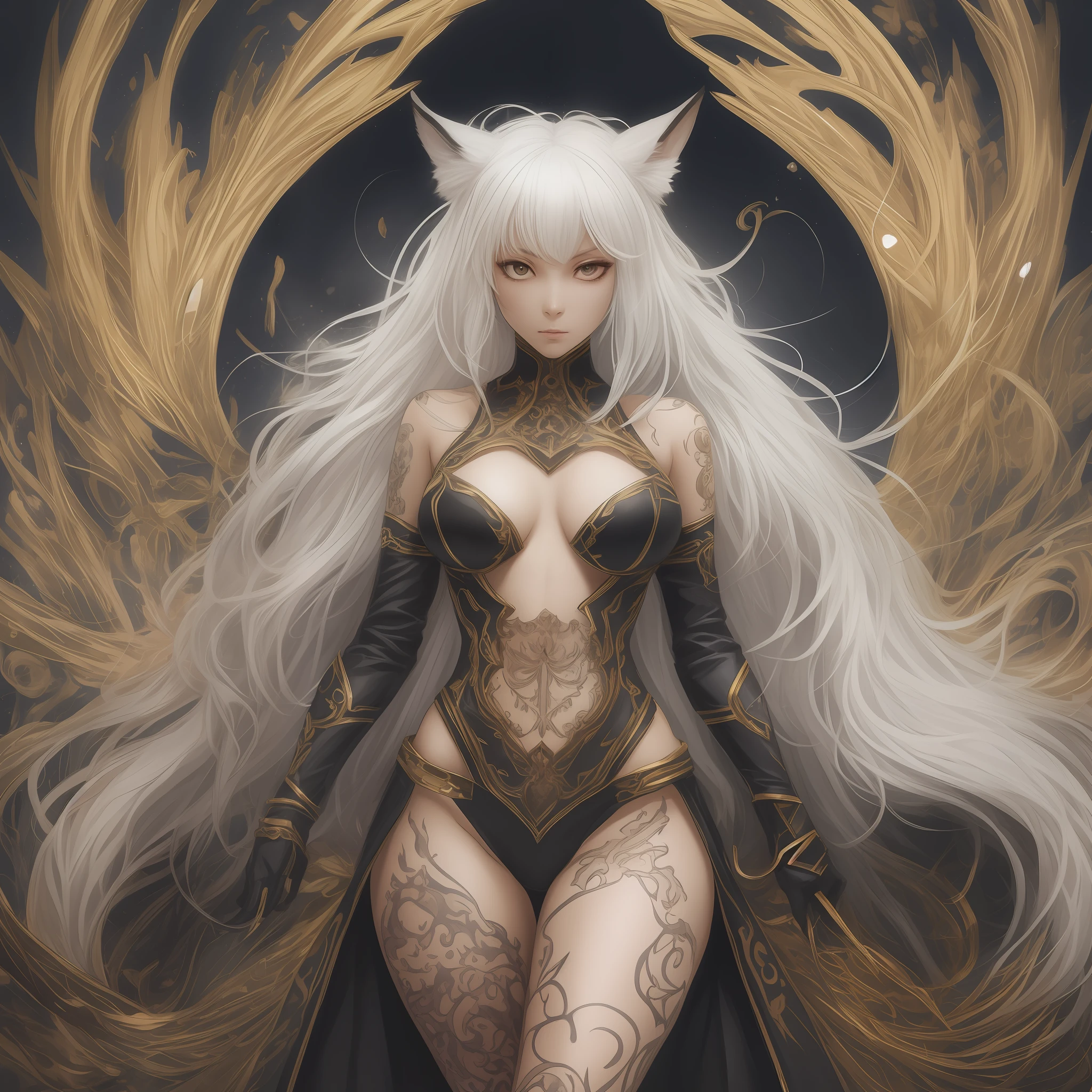 1人の獣女、pure white and very cute fox beast woman, black rubber suit, tattooed, white long wavy hair, sparkling gold big eyes, ABS, great proportions, full body shots, background kaleidoscope, 、the anime、, illustration, FANTASY, portrait、、, animification, Highres, beste Quality, very high image quality, Super Detailed, ultra Realistic, pfotorealistic --auto