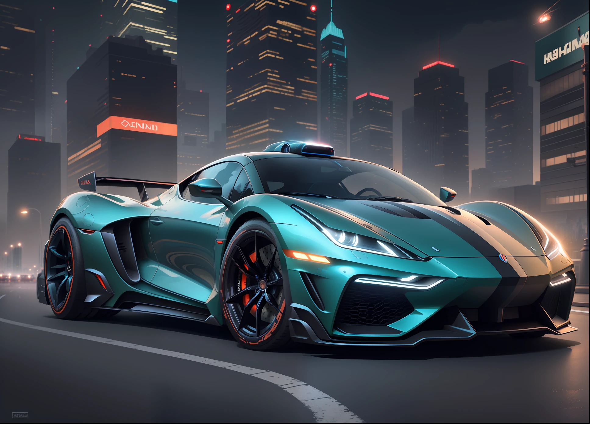 (High Definition, 9k) A futuristic electric sports car with neon headlights and light under the car, in a futuristic cityscape with Gaudi style buildings