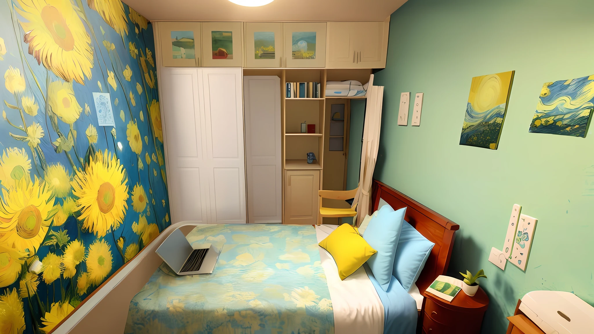 There is a bed with a blue duvet of a van gogh painting and yellow and blue pillows, personal bedroom background, van gogh style bedroom, small and cozy student room, small room, inside a bedroom, iOS 3D room photography, small room, photorealistic room, bright room, interior of a small room, a room, Van Gogh puzzle room, a sunny room