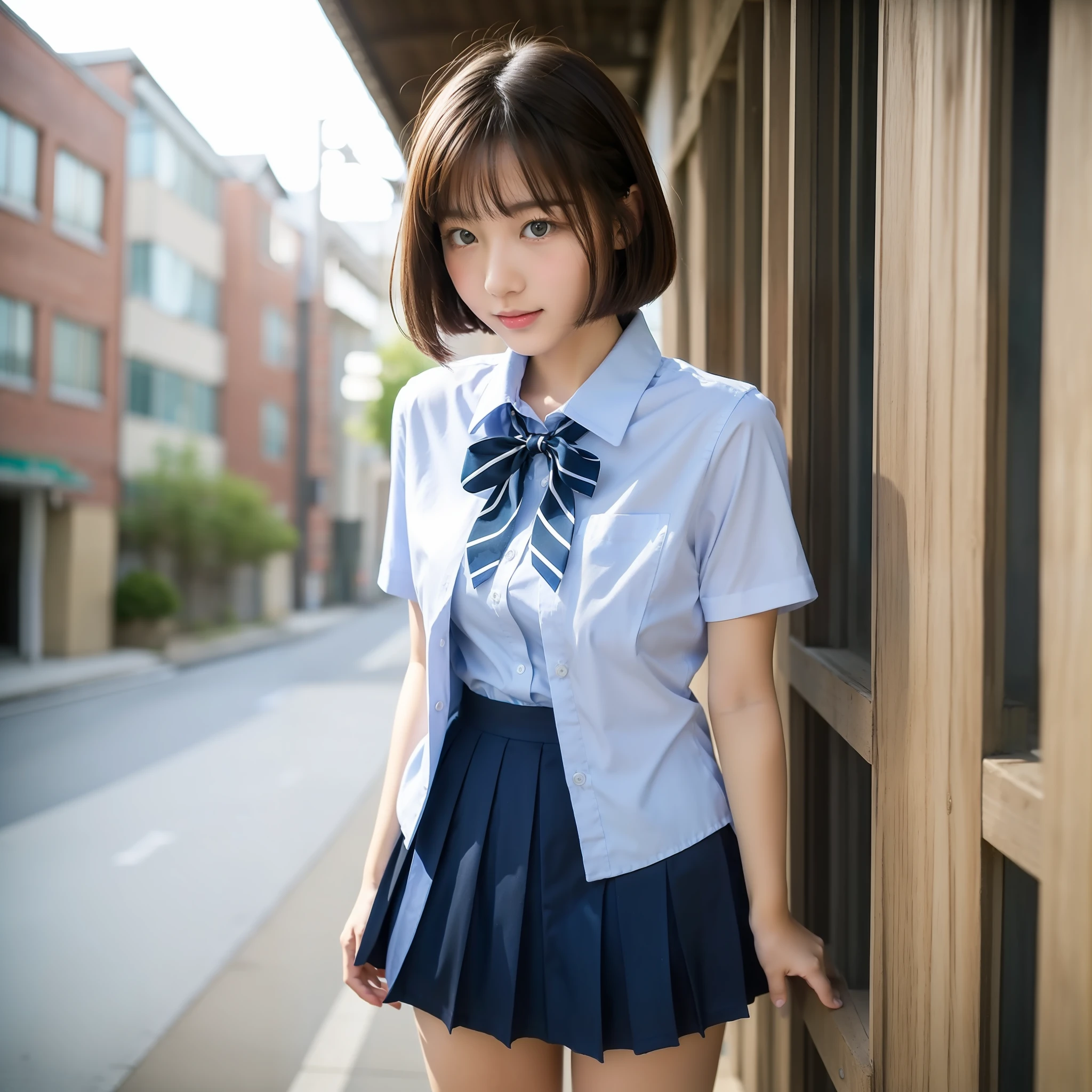 Cute high school girl looking at camera、Short cut、up shot of the face、Summer uniform、from front view