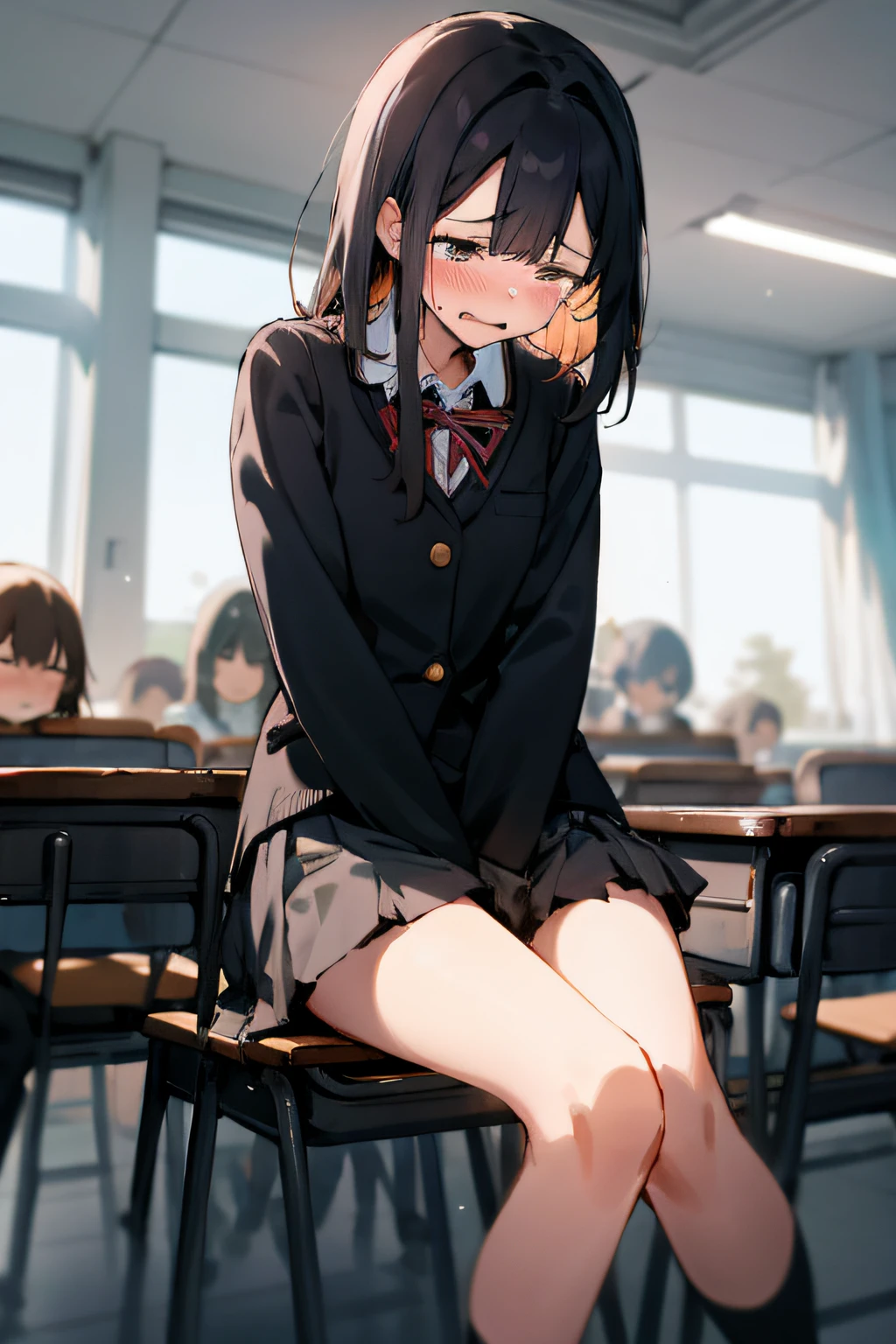 1人の長い髪、Girl in school uniform、miniskirts、Look away、I'm sitting and spreading my crotch、m embarrassed、blushing、Crying、Keep your mouth shut、Classrooms(A girl is peeing)