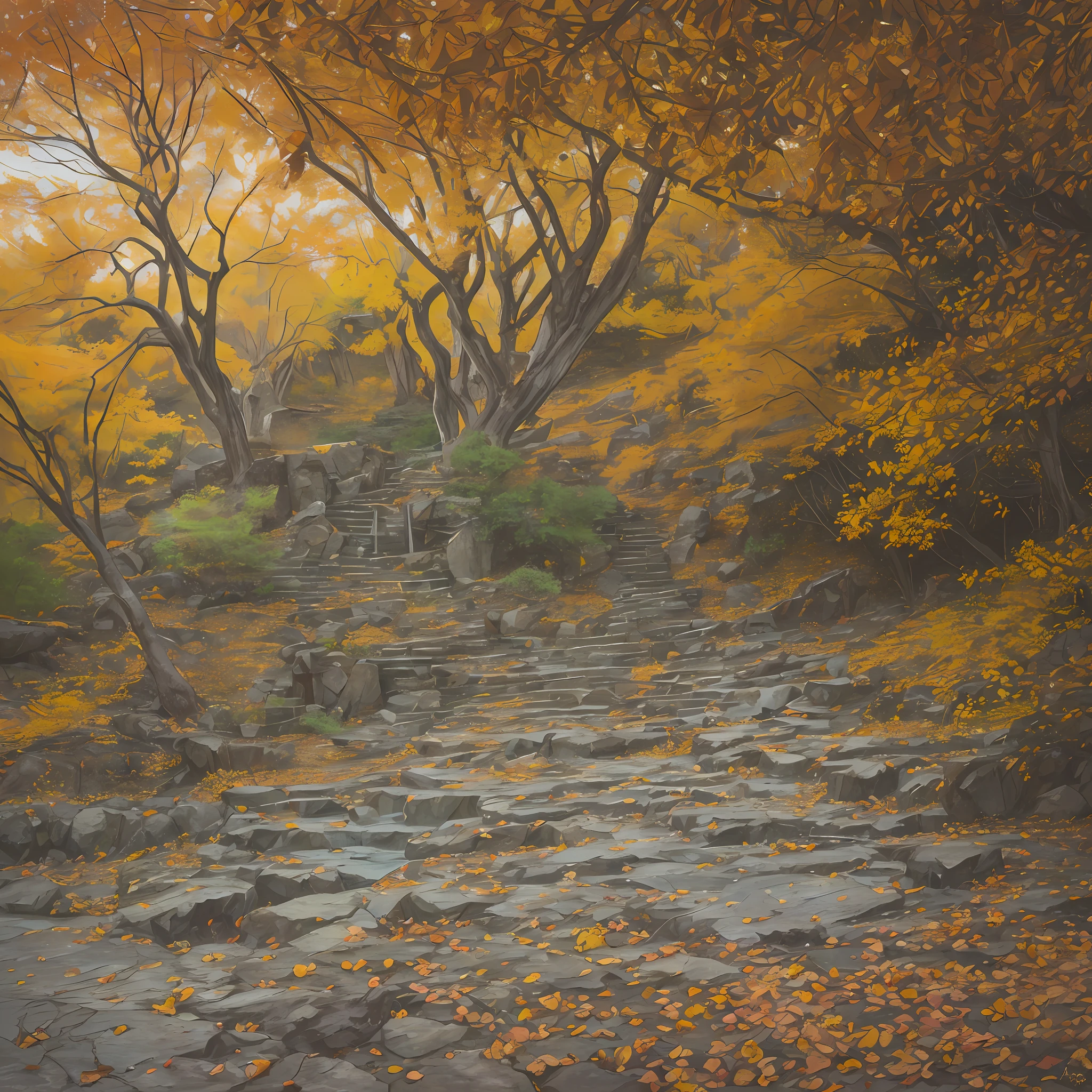 drawing, Jackson Pollock Computer Visualized Graphics, whirlwind of leaves, “Majestic mountains,” “Lush forests,” “Glittering lakes,” “Desert dunes,” “Golden sunsets."Realistic fantasies", Natural element, Extensive landscape ultra photography (general view, Stone steps, Leading down, to a small area. Still, the tourist in me cannot be eliminated even by the danger of unexplored places. The railing on the edge collapsed, And I didn't go there. Stopped in the center, Evaluating a cracked bowl – and-La Fountain, What-then small extensions, an ivy-covered statue - what-then masculine, military and the view from here - even the gray mountains on the horizon), blurred background, In the distance of the rock, bank, grim, green, yellow, Graycolor, warm, magic