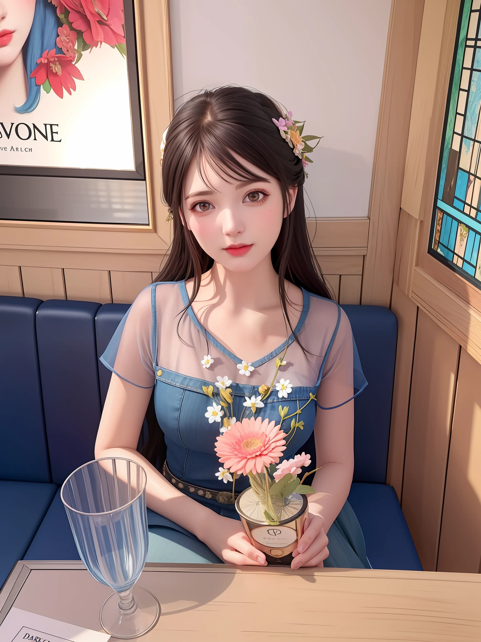 There is a woman sitting at a table, holding a bouquet of flowers, 2 to 7 , holding flowers, Surrealistic female portrait by David Hockney and Alphonse Mucha, finger restoration, hand details, perfect hands, fantasy art, photorealism, dynamic lighting, artstation, poster, volumetric lighting, very detailed faces, super high appearance, 4k, award-winning, 1girl, dark shadows, low-key, denim photos, (formal wear: 1.4), long hair