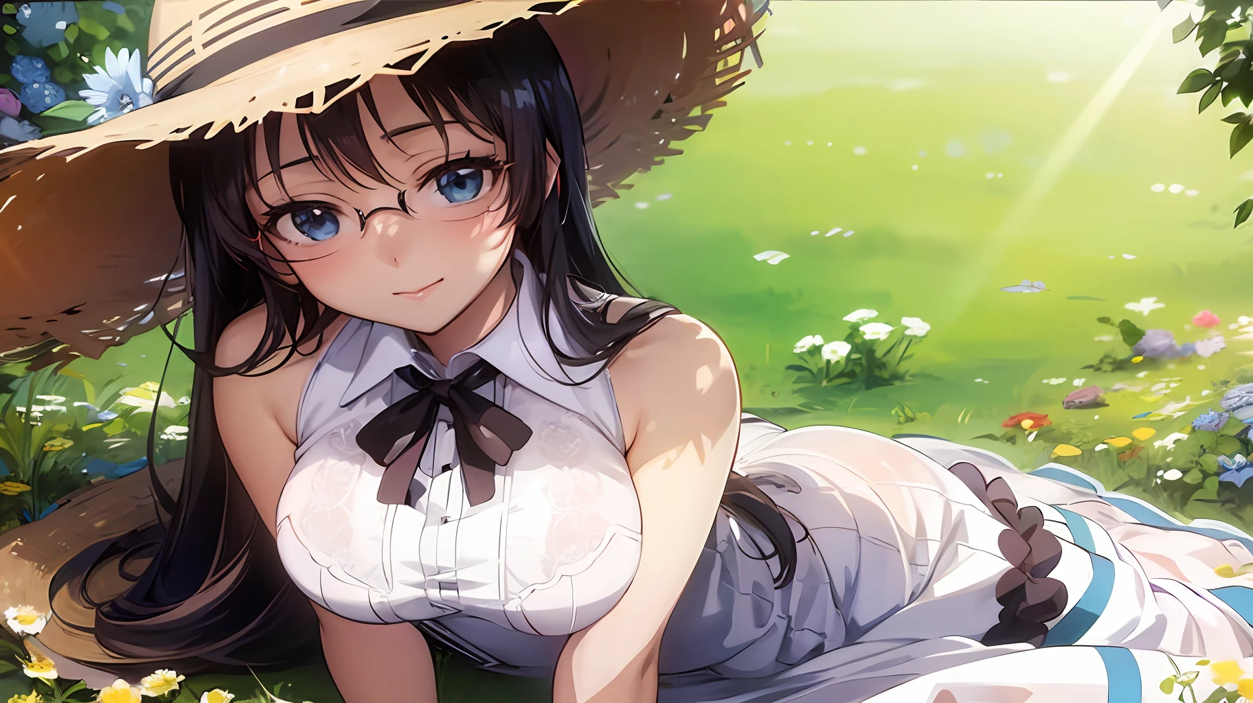 anime girl laying on the ground with a straw hat on, anime visual of a cute girl, anime visual of a young woman, anime best girl, mesmerizing anime girl, Anime Moe Artstyle, Beautiful Anime High School Girls, beautiful anime girls, attractive anime girls, beautiful anime women, in the sun, (Anime girl), Smooth anime cg art, beautiful charming anime teen