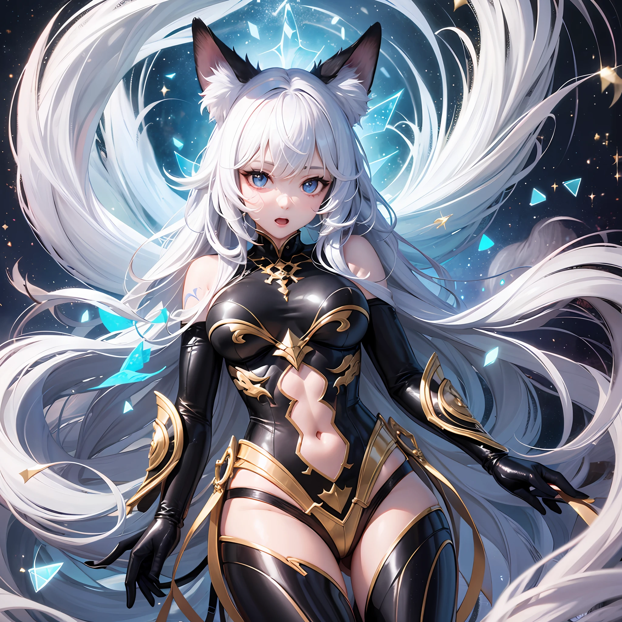 1人の獣女、pure white and very cute fox beast woman, black rubber suit, tattooed, white long wavy hair, sparkling gold big eyes, ABS, great proportions, full body shots, background kaleidoscope, 、the anime、, illustration, FANTASY, portrait、、, animification, Highres, beste Quality, very high image quality, Super Detailed, ultra Realistic, pfotorealistic