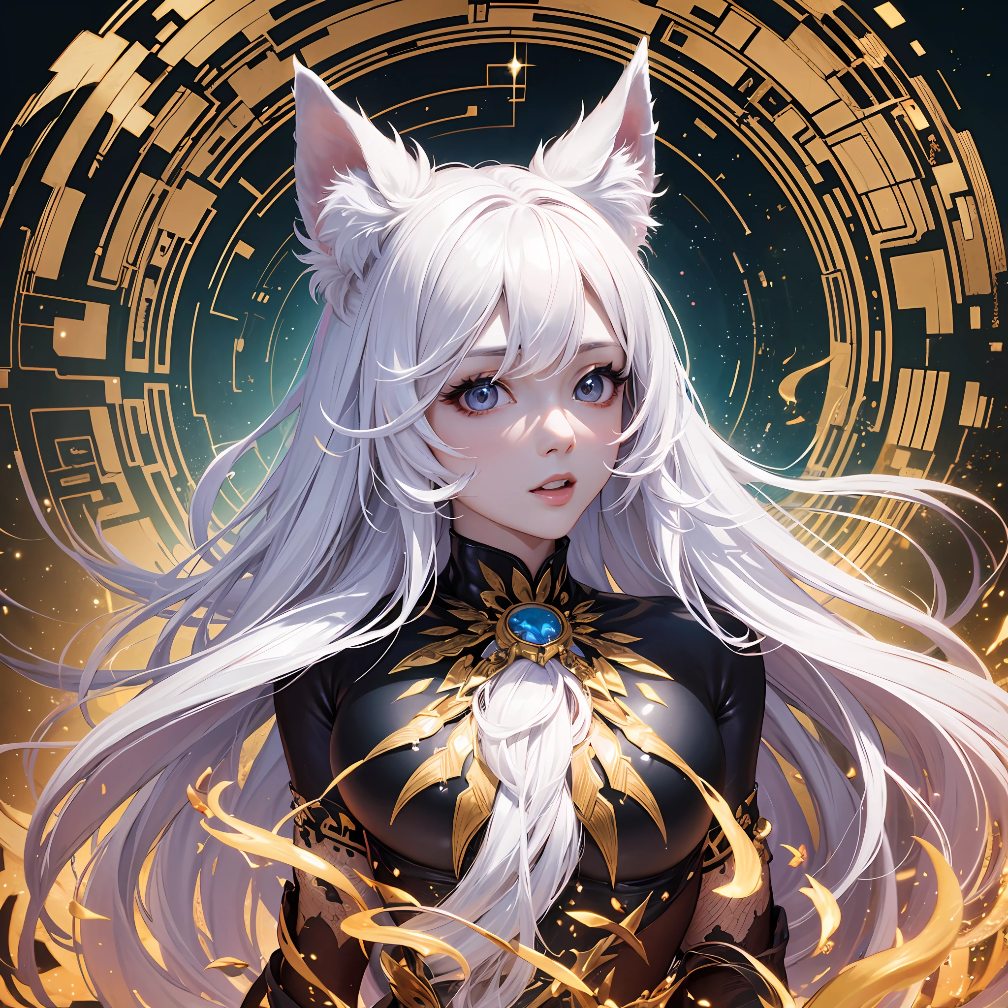 1人の獣女、pure white and very cute fox beast woman, black rubber suit, tattooed, white long wavy hair, sparkling gold big eyes, ABS, great proportions, full body shots, background kaleidoscope, 、the anime、, illustration, FANTASY, portrait、、, animification, Highres, beste Quality, very high image quality, Super Detailed, ultra Realistic, pfotorealistic