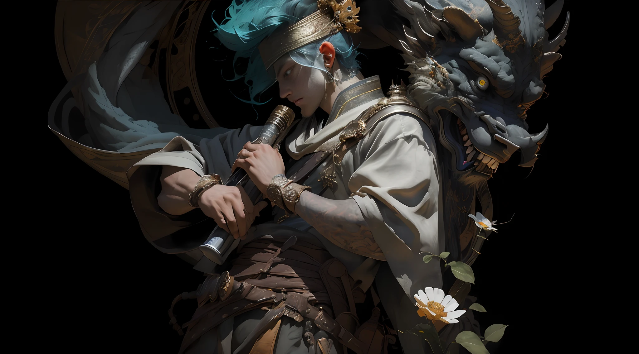 A man playing an instrument，Atmospheric distance sense，Full body diagram，Epic fantasy digital art style，Epic fantasy art style HD，Epic fantasy art style，detailed fantasy digital art，Epic fantasy style art，epic exquisite character art，4K幻想艺术，2。5 D CGI 动漫奇幻艺术品，The man wears a flower on his head，photo of the most beautiful artwork in the world，Has a soft sheen，（（Epic heroic fantasy，fantastic location，Majestic surroundings), 全身 8k 统一渲染, Action shot, Skin Pore, Heavy shadows, detailded, Detailed face, (full of energy, Photo realistic, PhotoRealistic, Dramatic, The dark, Sharp focus, 8k), （sophisticated：1.4），decadent，（highly detaild：1.4），Digital painting artstation，concept art by theCHAMBA，smoothing，Sharp focus，illustartion，The art of artgerm，（loish：0.23），wlop ilya kuvshinov, and greg rutkowski and alphonse mucha gracias, (global lighting, Studio light, Volumetric Light), Particles float，The face is rich in detail，The man had an indifferent expression，The eyes are green，There is a fire in the eyeballs，Ghost teeth are sharp，The teeth are rich in detail，Finger refinement，high detailed fingers