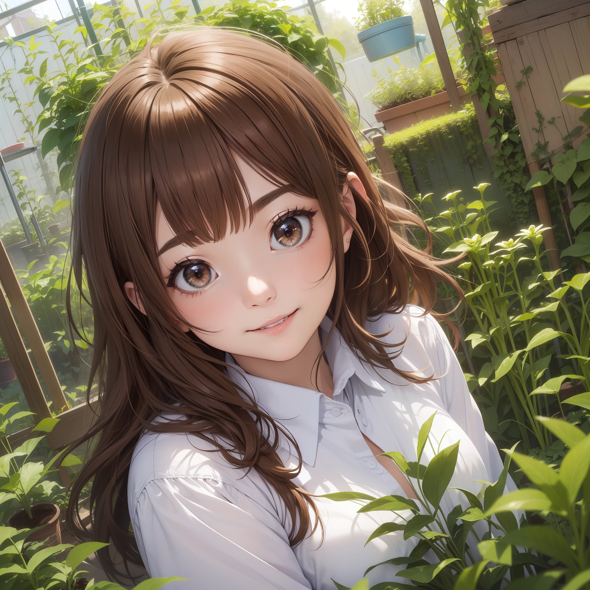 (beste Quality:1.3)、8k、(master masterpiece:1.3)、Ultra high Resolution、1人の女の子、(gardener:1.5)、(Homework:1.5)、(gardens:1.5)、(Brown hair:1.5)、(Wholebody:1.4)、pretty faces、땀、Sorrisos、18歳、