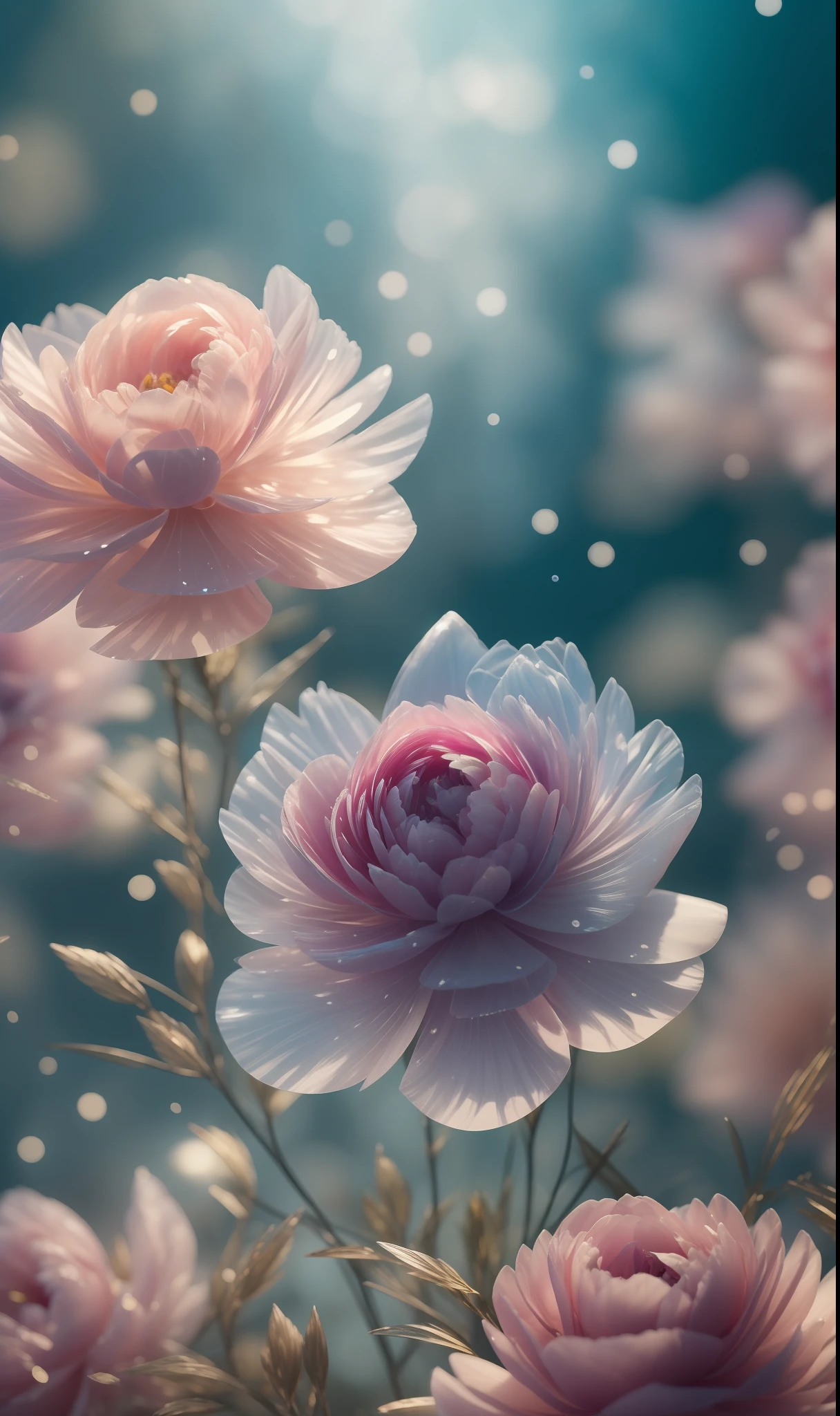 Crystal fantasy, Peonies, toe-up, countless crystal feathers flutter in the air,
fantasy, galaxy, transparent, shallow depth of field, jade bokeh, sparkling, sparkling, stunning, colourful,
Magical Photography, Dramatic Lighting, photo realism, Ultra Detail, 4K, DOF, High Resolution