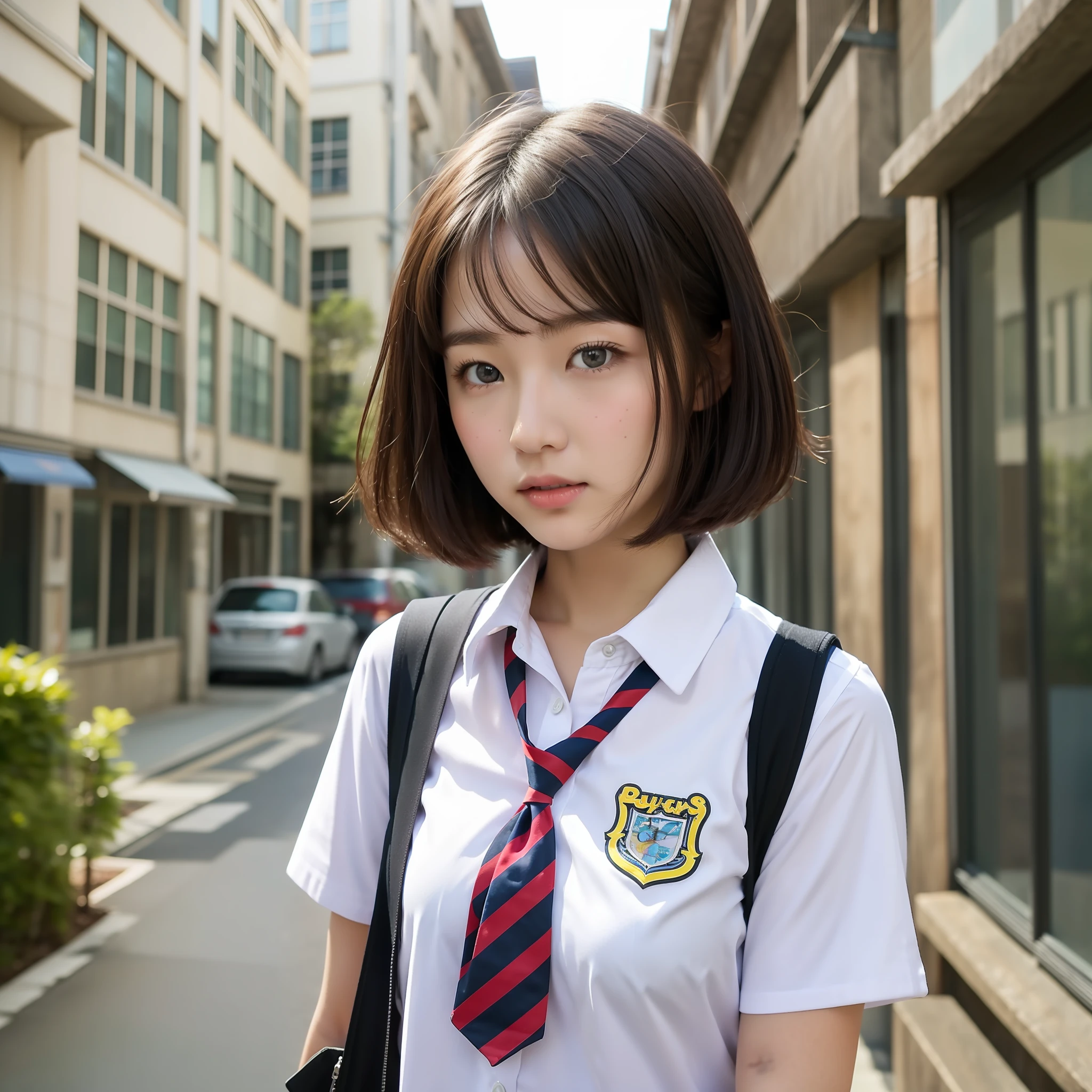 Cute high school girl looking at camera、Short cut、up shot of the face、Summer uniform、from front view