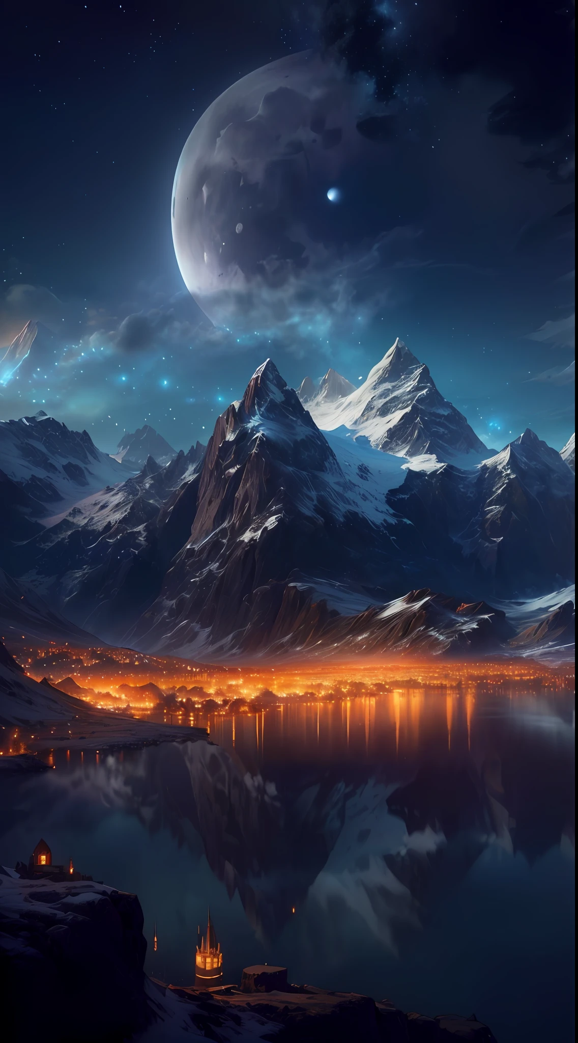 mountains and a lake with a moon in the sky, 4k highly detailed digital art, 4 k hd wallpaper very detailed, impressive fantasy landscape, sci-fi fantasy desktop wallpaper, unreal engine 4k wallpaper, 4k detailed digital art, sci-fi fantasy wallpaper, epic dreamlike fantasy landscape, 4k hd matte digital painting, 8k stunning artwork