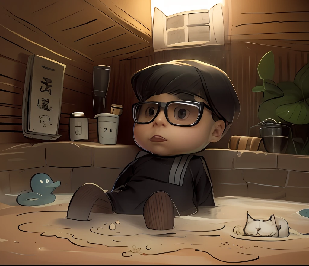 cartoon drawing of a boy in a bathtub with a cat, mapo tofu cartoon, inspired by Goro Fujita, character is covered in liquid, inspired by Junpei Satoh, japanese bathhouse, extremely fine ink lineart, with splatoon style, loish and goro fujita, bathhouse, Inspired by Xiao Yuncong's Pixar