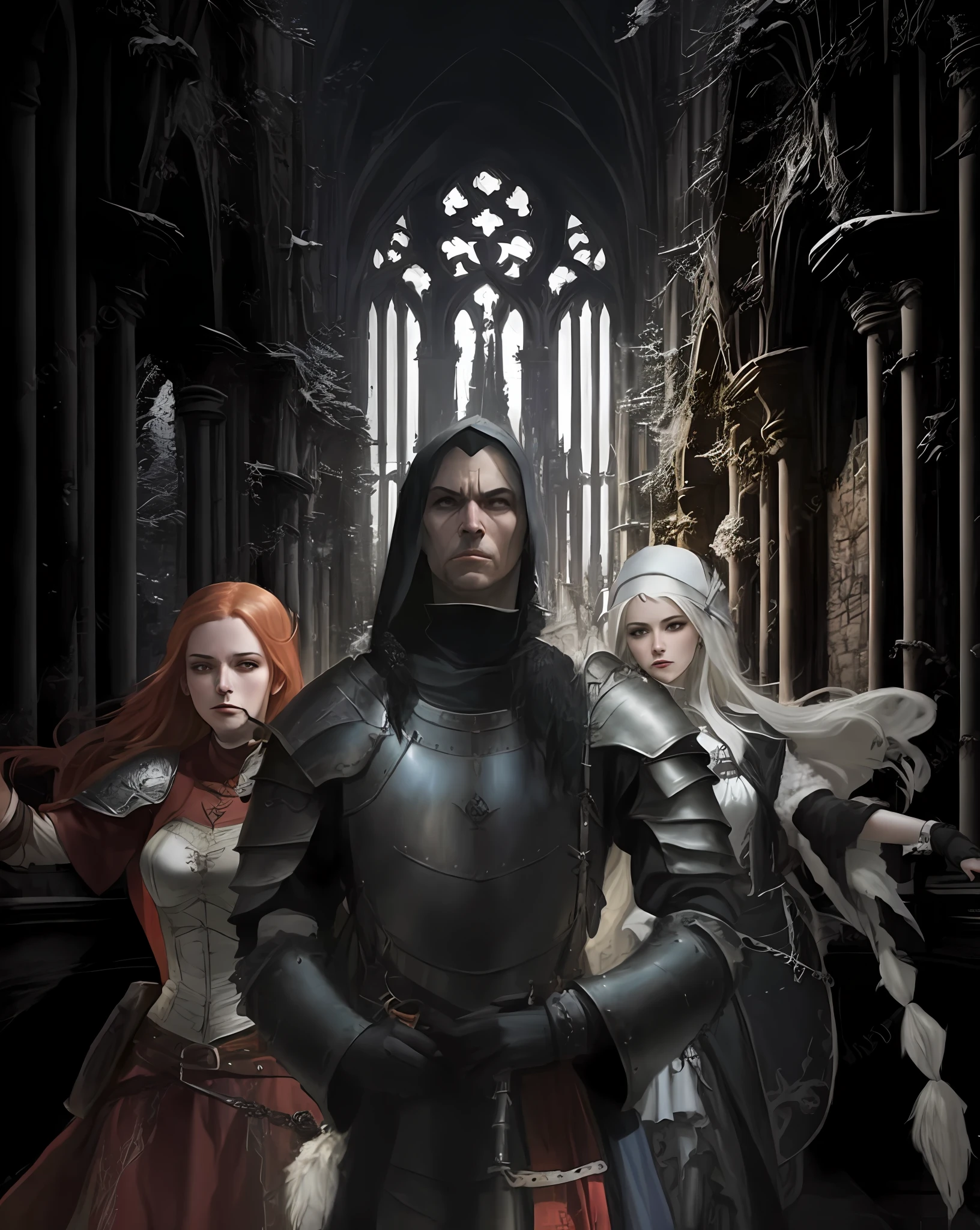 Imagem de um escuro-cavaleiro esfolado e duas mulheres, a Nordic redhead in armor and the other a pale as snow nun with beautiful white hair in a Gothic setting;, fantasia sombria medieval, Alta fantasia medieval, Neoartcore e Charlie Bowater, arte do jogo de fantasia medieval, arte de fantasia medieval, Neo-gothic concept, gothic fantasy art, medieval fantasy illustration, gothic knight, Anor Londo, Neo-Gothic, desenhos de fantasia medieval, fantasia medieval, fantasia medieval, gothic fantasy
