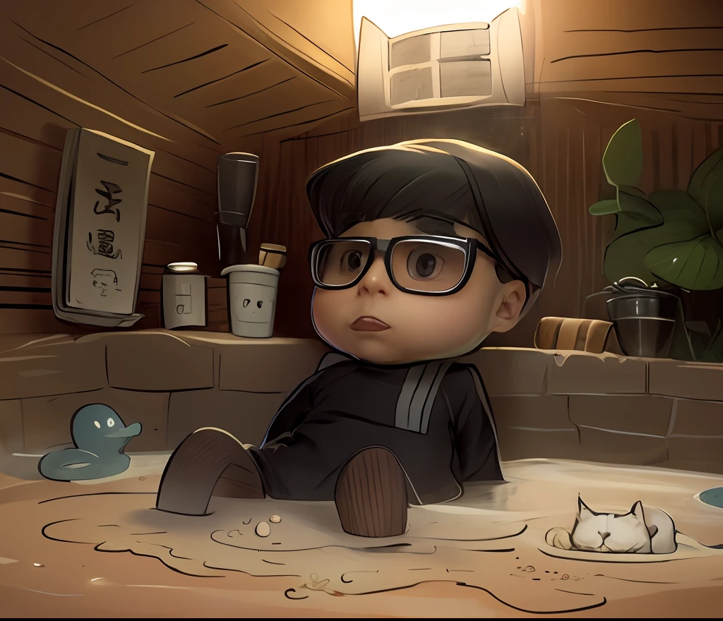 cartoon drawing of a boy in a bathtub with a cat, mapo tofu cartoon, inspired by Goro Fujita, character is covered in liquid, inspired by Junpei Satoh, japanese bathhouse, extremely fine ink lineart, with splatoon style, loish and goro fujita, bathhouse, Inspired by Xiao Yuncong's Pixar