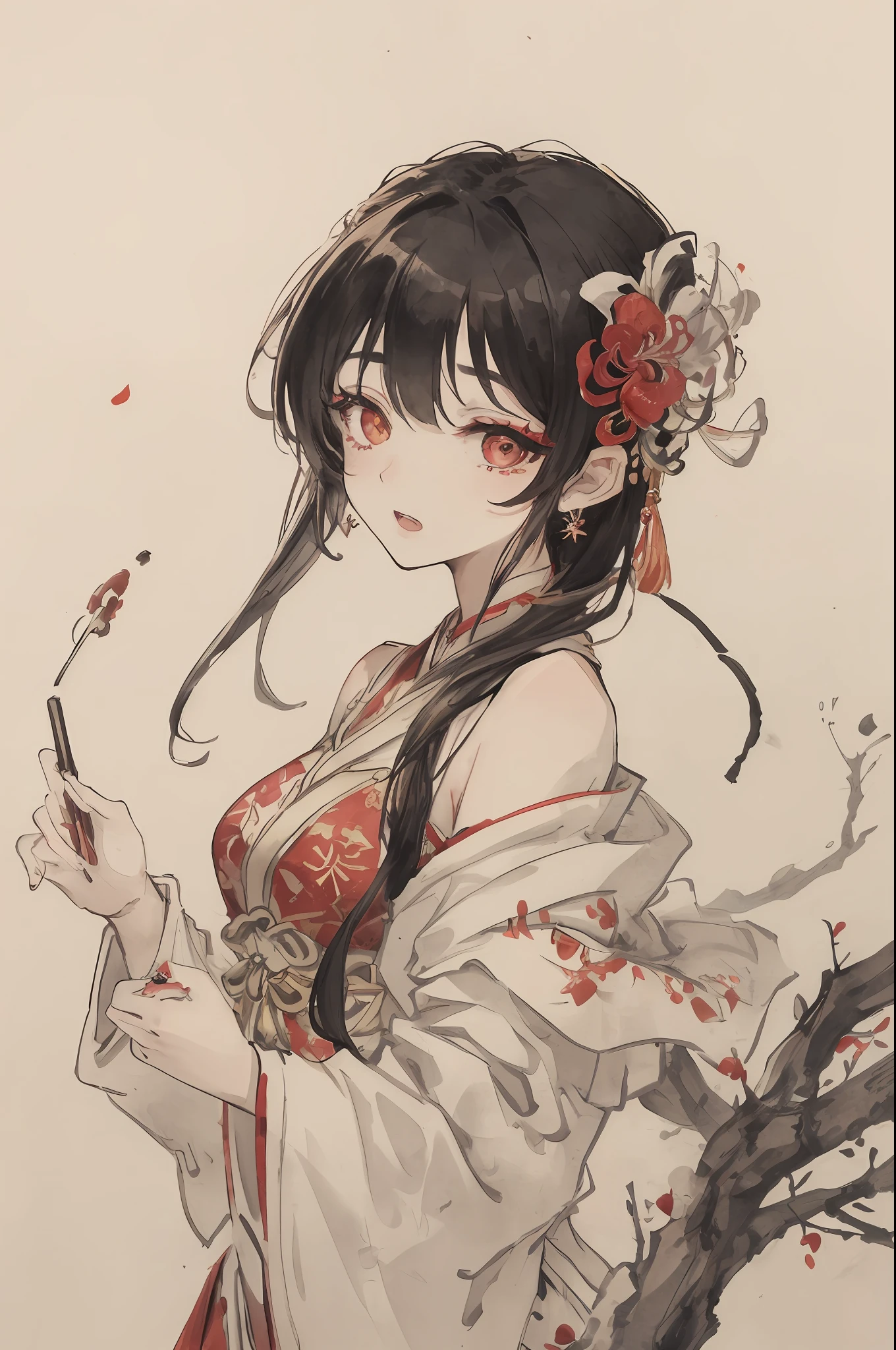 ((High resolution)), (Open Mouth), (Bust), (Top Quality), ((Super Fine)) (Super Fine CG)), ((8k_wallpaper)), Dynamic Angle, Floating, (Eyes with Beautiful Details), Very Delicate and Beautiful Girl, Upper Body, Ink Painting, (Chinese Style), Dark Eyes, Burning, Detail Light. from_low, (black hair), (red spider) lily: 1.33), aqua eye, (hair flower: 1.3), Bloom, single, starry sky, hair accessories, earrings, jewelry, messy hair, bare shoulders, half-closed eyes, bloom, (men), (Hanfu: 1.3), (Medium breasts): 1.2), (Eyeshadow, Red Eyeliner: 1.15), (Eyeshadow, Red Eyeliner: 1.15), (Eyeshadow, Red Eyeliner: 1.15), (Visible Eyes Through Hair: 1.2), (Solo Exhibition), Red Moon