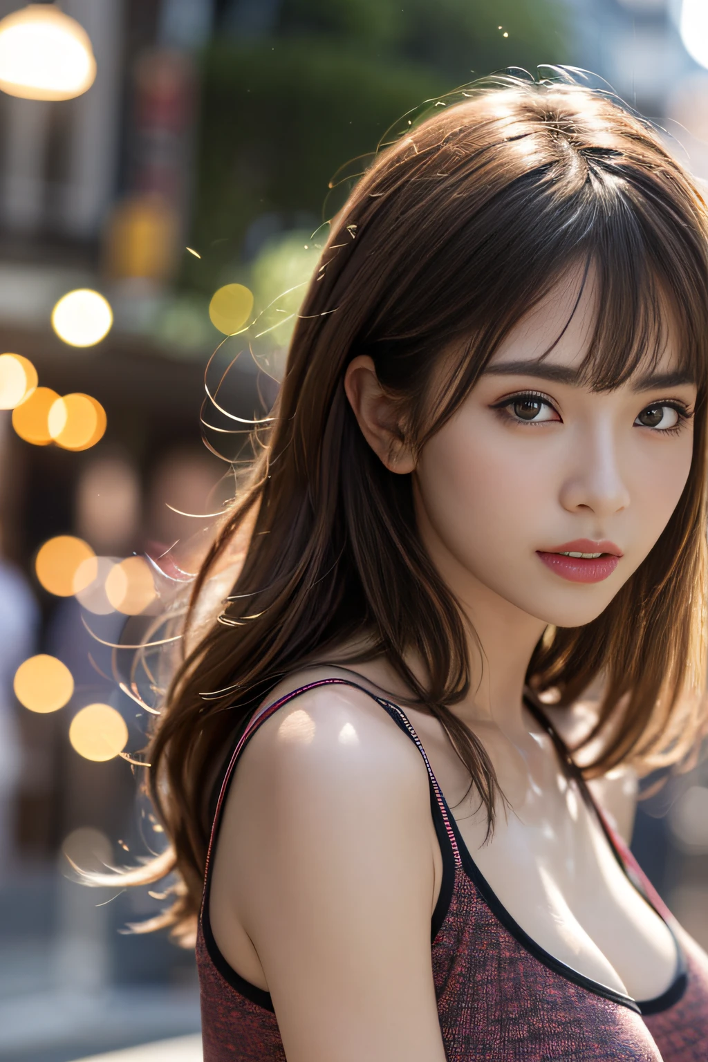 ((Realistic Lighting、beste Quality、8K、master masterpiece:1.3))、Clear Focus:1.2、1人の女の子、Perfect Body Beauty:1.4、Slim abs:1.1、Wholebody、((darkbrown hair、big,,:1.3))、(Acceleration:1.4)、(out door、NIGHT:1.1)、View of Waikiki Beach、torches、Slender face、fine eyes、double eyelidwork、tank top,、exposed cleavage、poses of fashion models、Floating hair、plumeria、T‐shirt、Pendants、