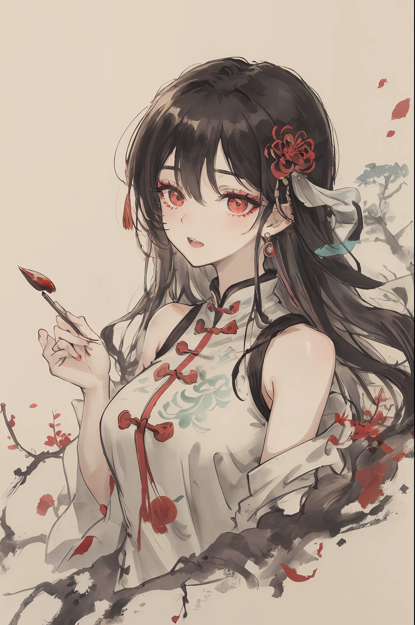 ((High resolution)), (Open Mouth), (Bust), (Top Quality), ((Super Fine)) (Super Fine CG)), ((8k_wallpaper)), Dynamic Angle, Floating, (Eyes with Beautiful Details), Very Delicate and Beautiful Girl, Upper Body, Ink Painting, (Chinese Style), Dark Eyes, Burning, Detail Light. from_low, (black hair), (red spider) lily: 1.33), aqua eye, (hair flower: 1.3), Bloom, single, starry sky, hair accessories, earrings, jewelry, messy hair, bare shoulders, half-closed eyes, bloom, (men), (Hanfu: 1.3), (Medium breasts): 1.2), (Eyeshadow, Red Eyeliner: 1.15), (Eyeshadow, Red Eyeliner: 1.15), (Eyeshadow, Red Eyeliner: 1.15), (Visible Eyes Through Hair: 1.2), (Solo Exhibition), Red Moon