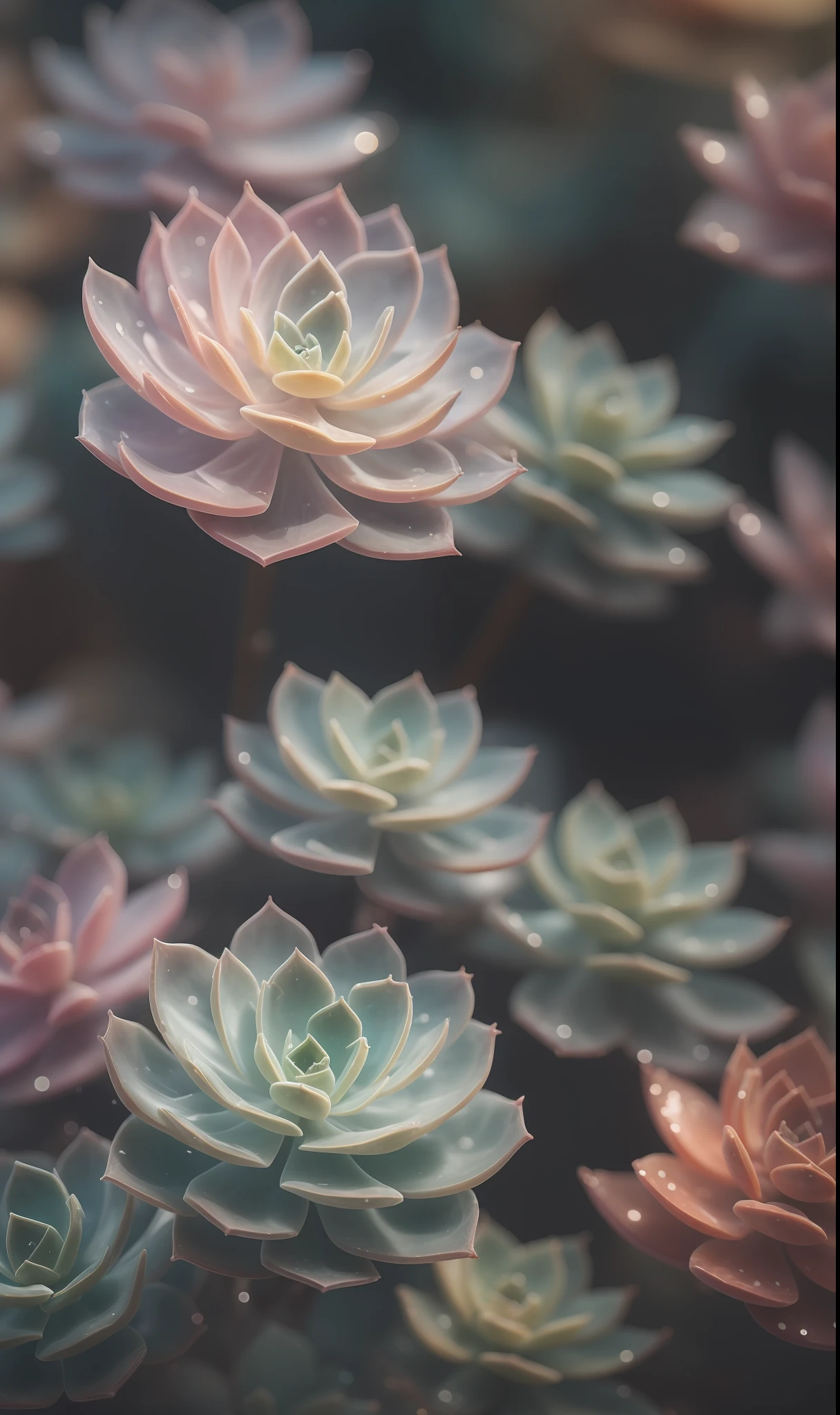 Crystal fantasy, Succulents,toe-up, countless crystal feathers flutter in the air,
fantasy, galaxy, transparent, shallow depth of field, jade bokeh, sparkling, sparkling, stunning, colourful,
Magical Photography, Dramatic Lighting, photo realism, Ultra Detail, 4K, DOF, High Resolution