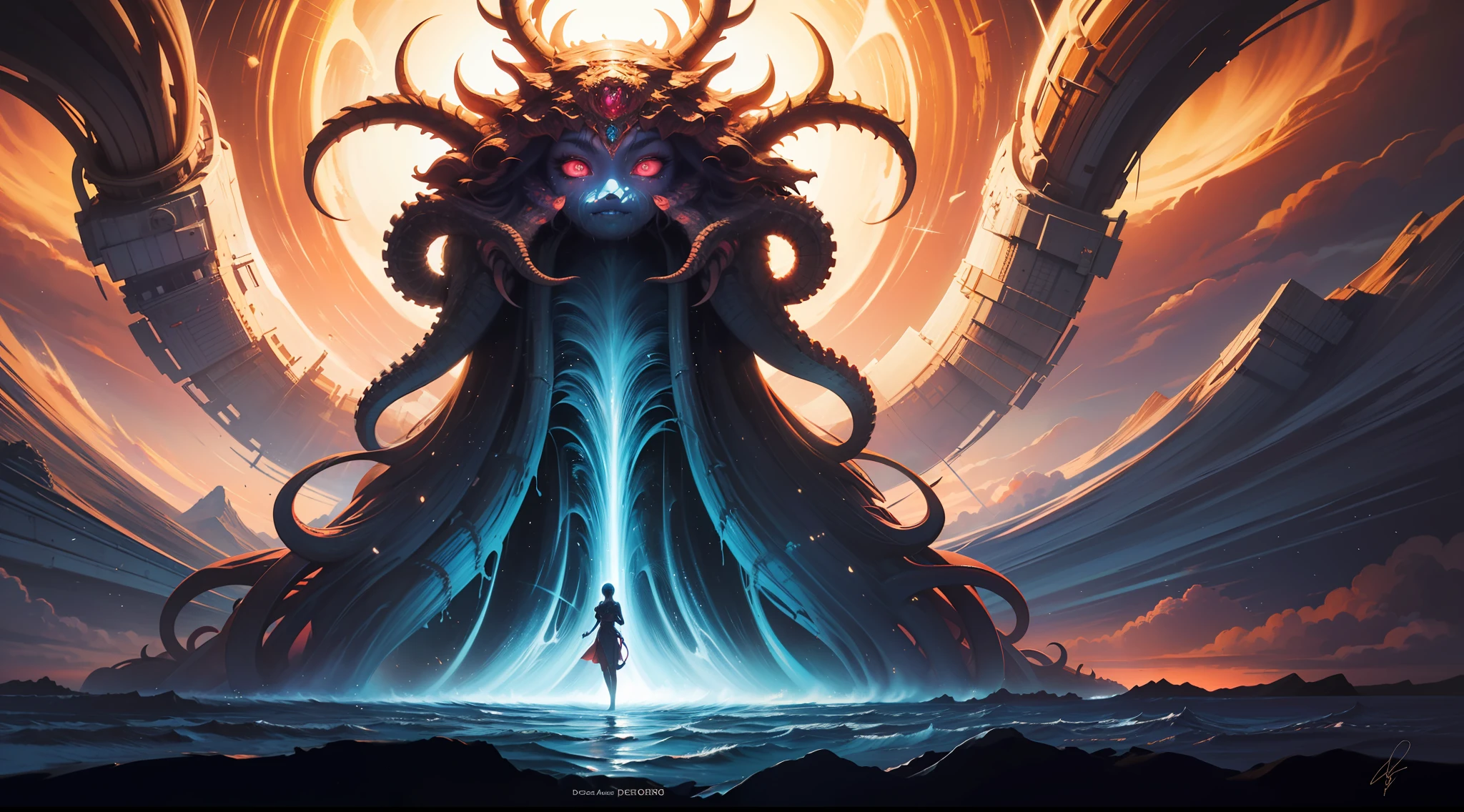 COLORFUL,Master composition,Focus on key people, photorealistc,master masterpiece, prizewinning-winning, bestbestquality, master masterpiece, Hyper detailed, 8K, 极其详细的 CG Unity 8k 壁纸, sophisticated, highly detaild, PhotoRealistic,"Psychedelic painting of a staghorn octopus standing in front of a colorful swirl,Fractal tentacles,Large antlers ,Detailed scales,Smooth and shiny colored skin",Background of many filled gemstones,Wheels within wheels,Very Detail,light and shadow,wavy,Many-layered,foreground、far view、fractal thunder dan mumford,Dammford and Alex grey style,Psychedelic surrealist art,Surrealist psychedelic design,dream art style,Illusion psychedelic art,Infinite psychedelic waves,inspired by Cyril Rolando (Cyril Rolando),Authentic ripple structure,psychedelic art style,psychedelic art,psychedelic illustration,zentangle,Mandala,colourised,(PhotoRealistic:1.4),