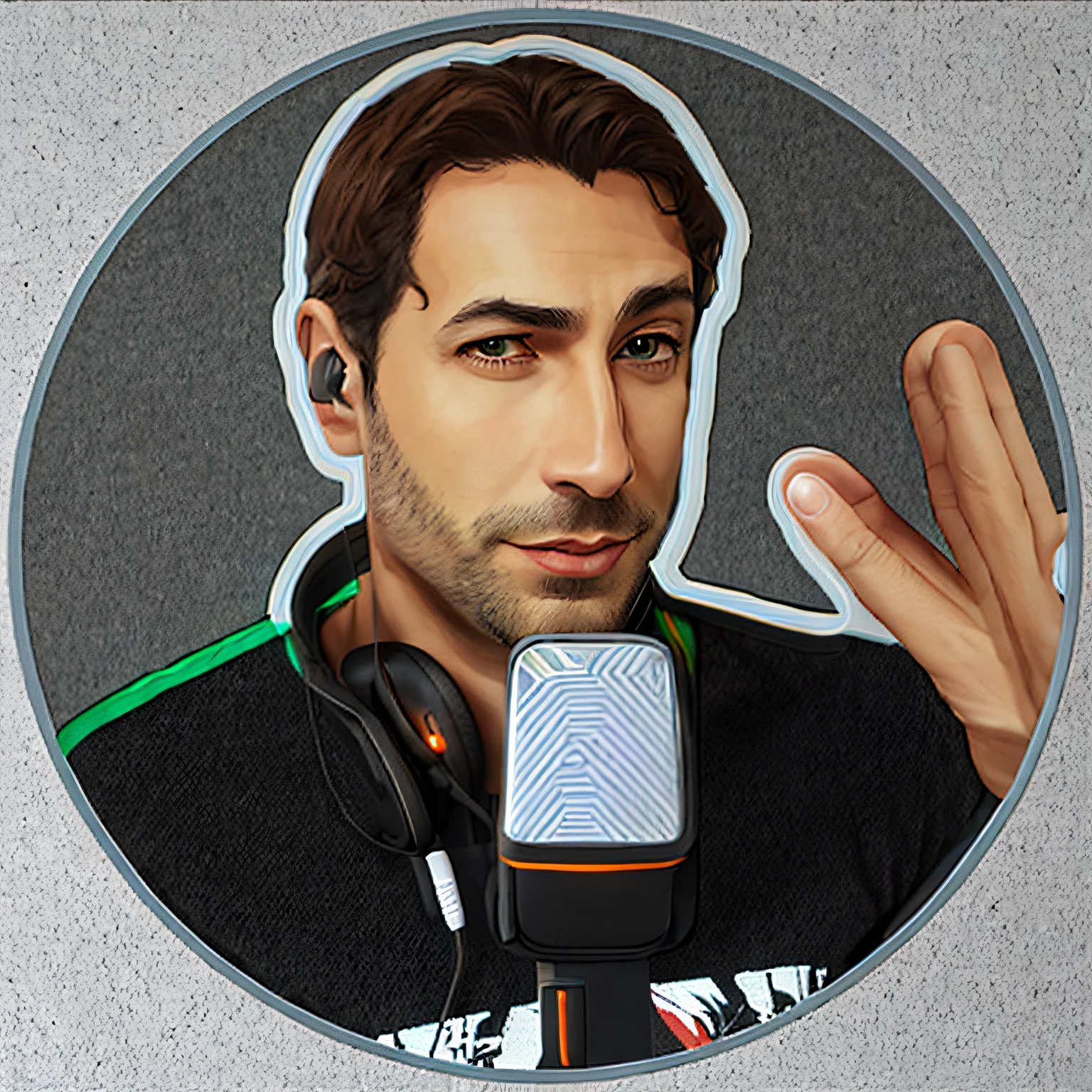 homem arafed com fones de ouvido em fazer um sinal de paz, Alex Miranda, Tony Khan usando um fone de ouvido, foto de perfil, anime, realistic animation style