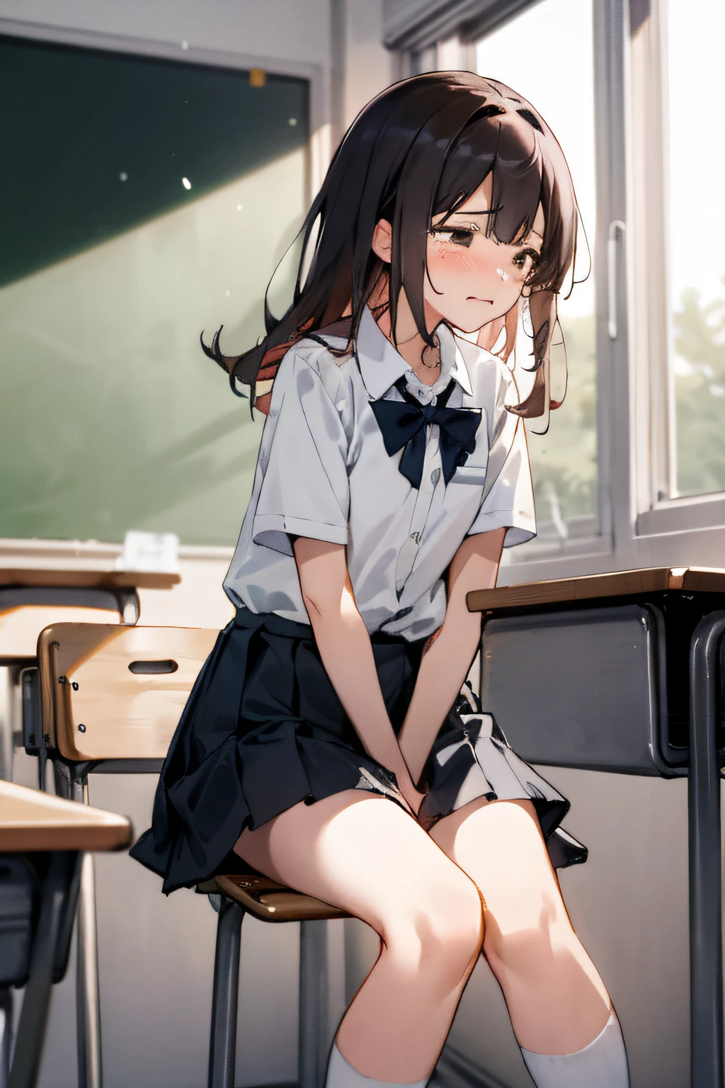 1人の長い髪、Girl in school uniform、miniskirts、Look away、I'm sitting and spreading my crotch、m embarrassed、blushing、Crying、Keep your mouth shut、Classrooms(A girl is peeing)