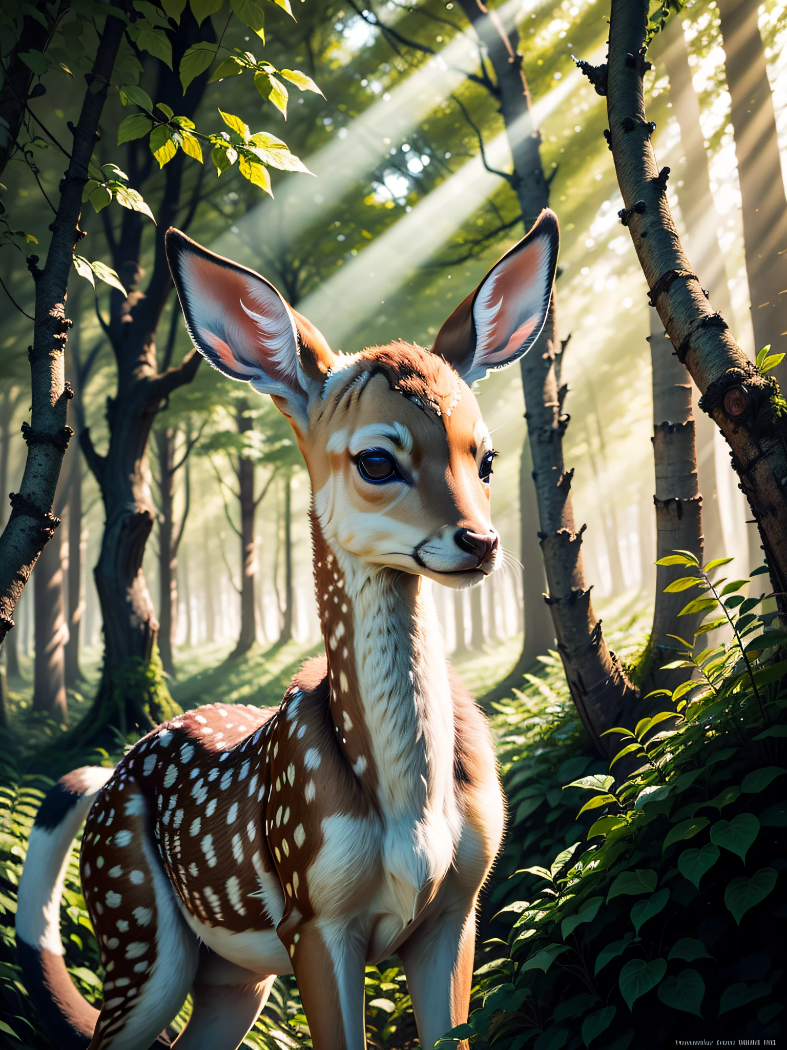 A fawn in the forest,Densely wooded,Clear hair,Golden sunlight shines through the leaves on the woods,There is a mist in the air,8K,Artistic digital photos --auto