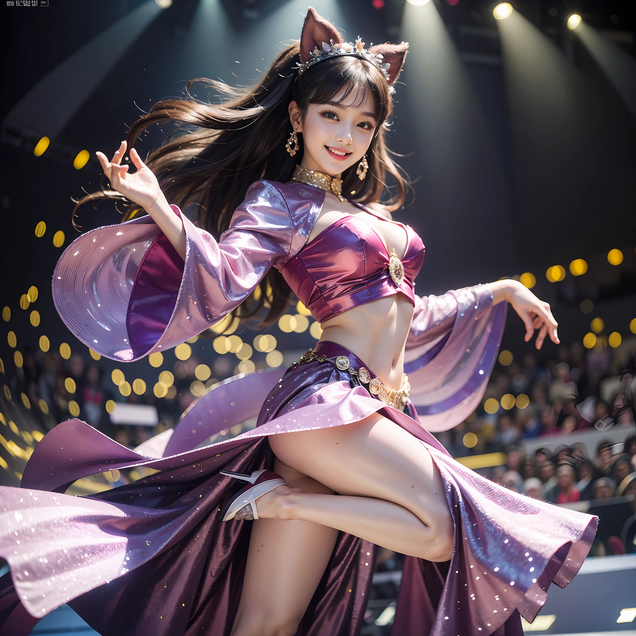 8k, highest quality, high resolution, realistic, real person, live stage with a large audience, one girl, young and cute korean idol, ((KARA)), big, long and beautiful legs, dancing violently in various poses while smiling on stage, holding microphone in hand, revealing gorgeous costume, beautiful light up