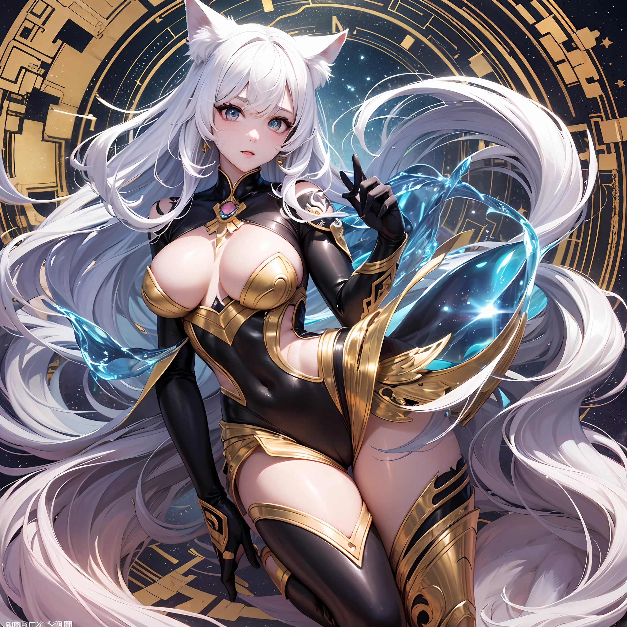 1人の獣女、pure white and very cute fox beast woman, black rubber suit, tattooed, white long wavy hair, sparkling gold big eyes, ABS, great proportions, full body shots, background kaleidoscope, 、the anime、, illustration, FANTASY, portrait、、, animification, Highres, beste Quality, very high image quality, Super Detailed, ultra Realistic, pfotorealistic