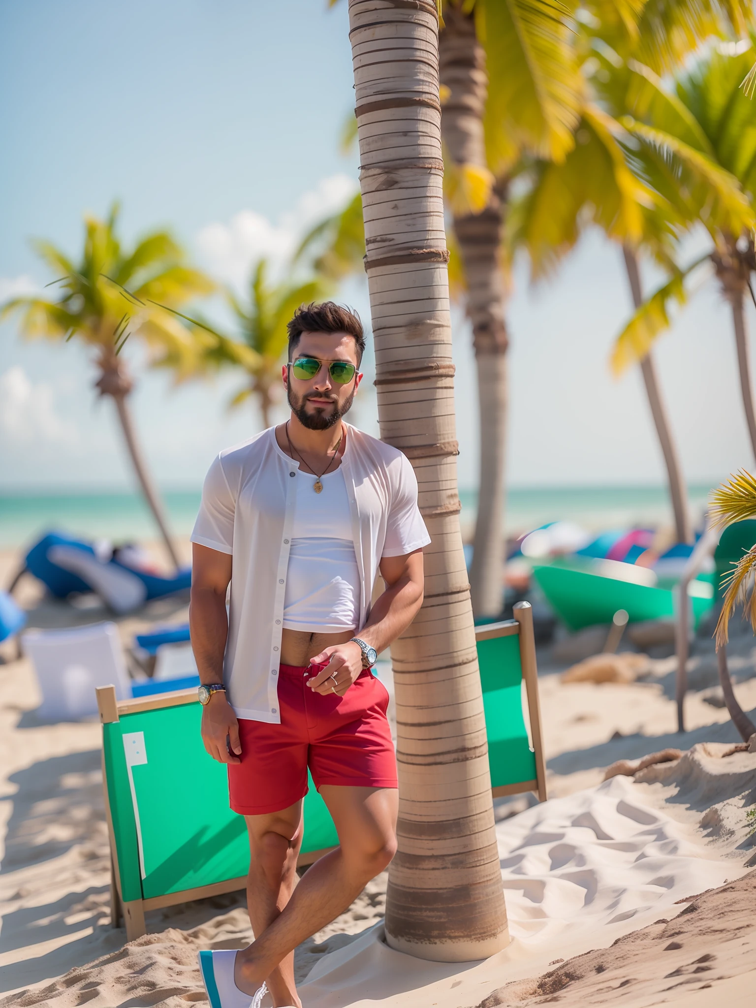 there is a man standing on the beach next to a palm tree, wearing black and gold sunglasses, wearing red shorts, chest and stomach visible, some hair on chest and stomach, love handles, palm trees in the background, with palm trees in the back, vacation photo, posing on a beach with the ocean, at a tropical beach, standing near the beach, shot on Samsung galaxy, standing at the beach, photorealistic