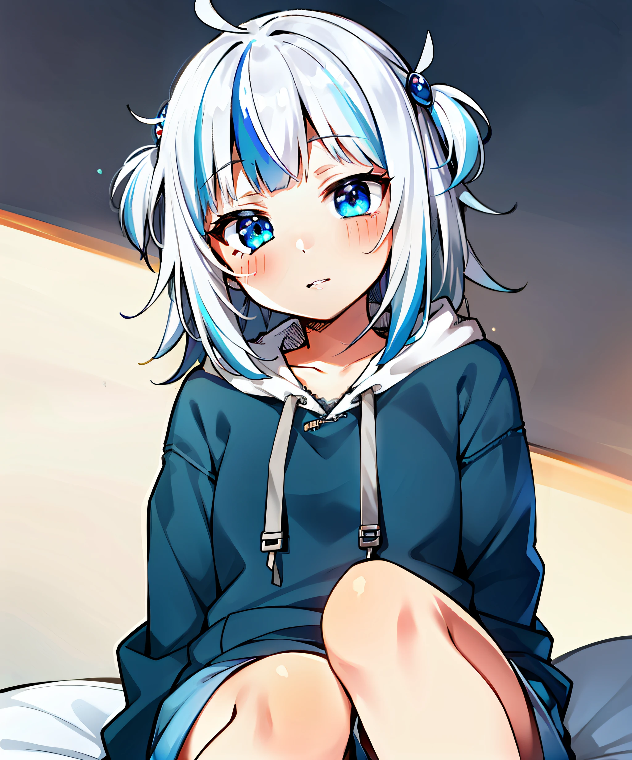 SFW, Female, Masterpiece, Very Detailed, Ultra Detailed, Best Quality, Highest Quality, 1girl, Solo, Gawr Gura, Bright Blue Eyes, (Blue Highlights in Hair), (Blush), Perfect Eyes, Perfect Face, Blue Hoodie, Short Shorts, Bedroom Setting