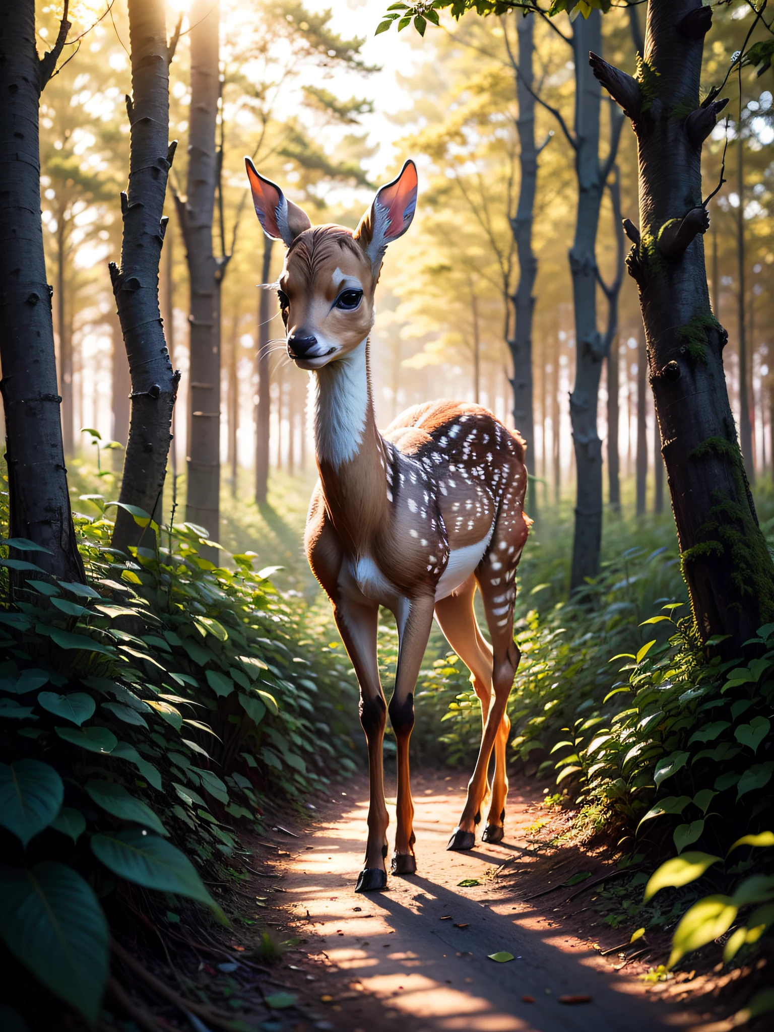 A fawn in the forest，Densely wooded，Clear hair，Golden sunlight shines through the leaves on the woods，There is a mist in the air，8K，Artistic digital photos --auto