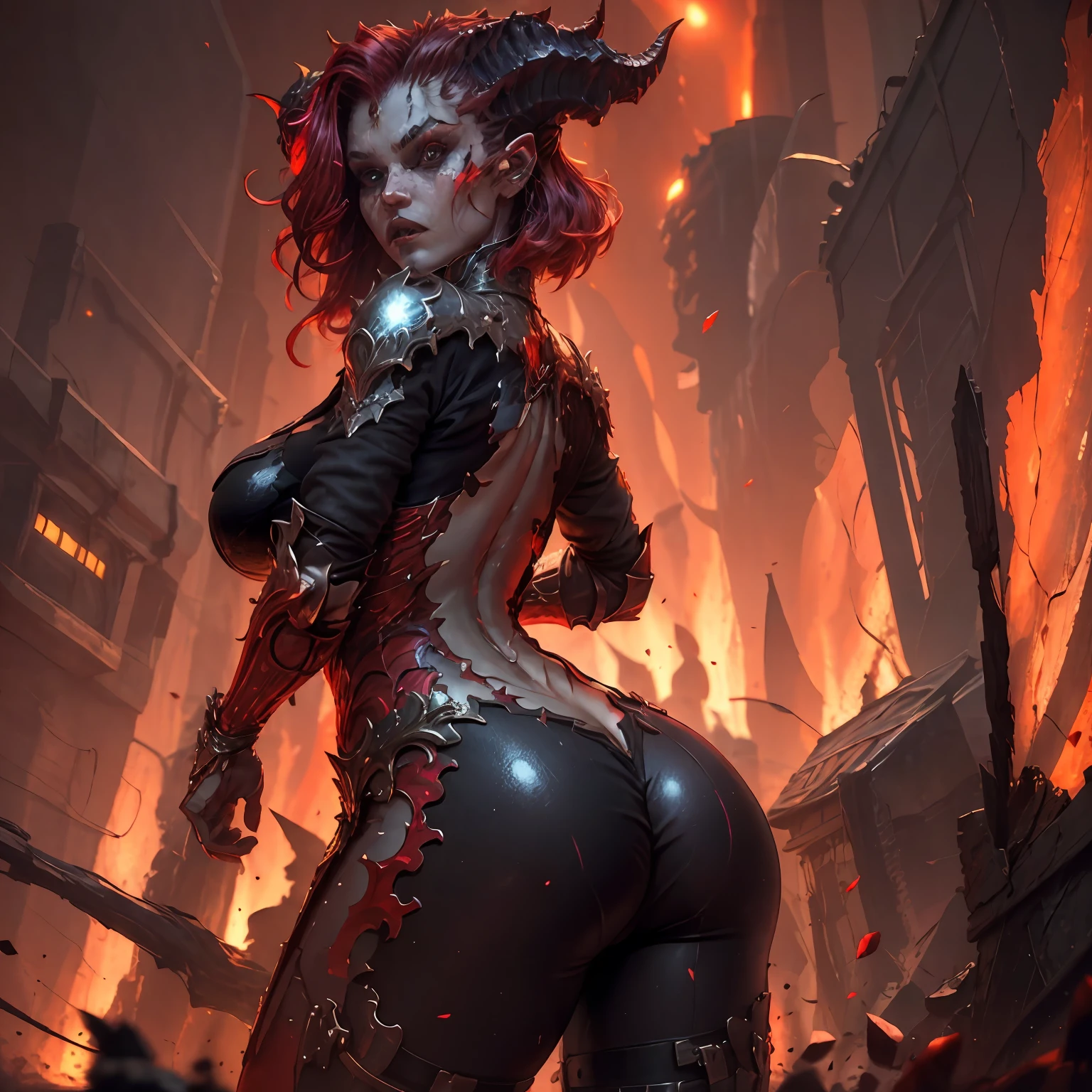 lilith, (Realistic:1.5), a shot of a woman bending over and reaching back to spread her (ass:1.2) with her hands, (insanely small detail:1.2),,, 13 aperture, skin bump texture, detail in shadows, (vibrant colors:1.2), intricate details, subsurface scattering, three point lighting, edge lighting, insanely detailed shadows, solo, ambient occlusion, textured skin, wide hips, tight clothing, lewd, lewd clothing, masterpiece, best quality, ultra-detailed, texture, detailed eyes, detailed face, (masterpiece:1.4),(best quality:1.4),(shiny skin), neon lights, (night:1.4), midnight, city, cyberpunk, light, (pubic hair:1.5), clear image, (saturated colors:1.5), bloom around lights,(red tone:1.4), hellscape background,