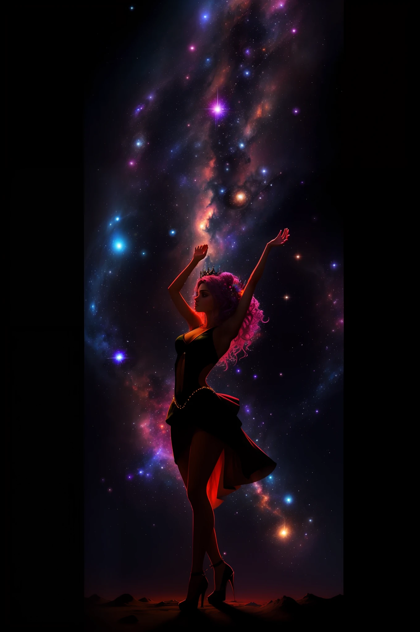 A woman With the body of a galaxy, blooming neon flowers like a crown on her head, this woman has a full body of a galaxy, very beautiful, high quality, ultra realism, you can see a slight silhouette, from one Very beautiful body, a feminine silhouette, with beautiful curves in human concepts, her hair and like waves of galaxies, she is as if she is dancing, Shows the whole body, full body, wide picture, wallpaper, Perfect, perfect body, perfect face, perfect arms, perfect skin, perfect galaxy, detailed skin, perfect eyes, perfectly perfect, realistic, modern artwork, perfect body
