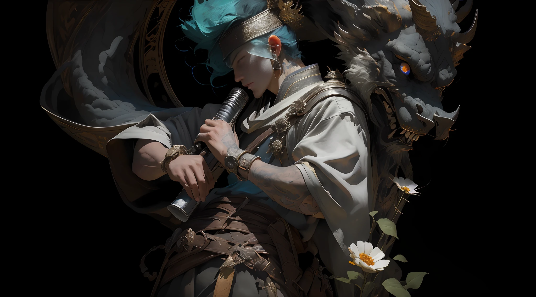 A man playing an instrument,Atmospheric distance sense,Full body diagram,Epic fantasy digital art style,Epic fantasy art style HD,Epic fantasy art style,detailed fantasy digital art,Epic fantasy style art,epic exquisite character art,4K幻想艺术,2。5 D CGI 动漫奇幻艺术品,The man wears a flower on his head,photo of the most beautiful artwork in the world,Has a soft sheen,((Epic heroic fantasy,fantastic location,Majestic surroundings), 全身 8k 统一渲染, Action shot, Skin Pore, Heavy shadows, detailded, Detailed face, (full of energy, Photo realistic, PhotoRealistic, Dramatic, The dark, Sharp focus, 8k), (sophisticated:1.4),decadent,(highly detaild:1.4),Digital painting artstation,concept art by theCHAMBA,smoothing,Sharp focus,illustartion,The art of artgerm,(loish:0.23),wlop ilya kuvshinov, and greg rutkowski and alphonse mucha gracias, (global lighting, Studio light, Volumetric Light), Particles float,The face is rich in detail,The man had an indifferent expression,The eyes are green,There is a fire in the eyeballs,Ghost teeth are sharp,The teeth are rich in detail,Finger refinement,high detailed fingers