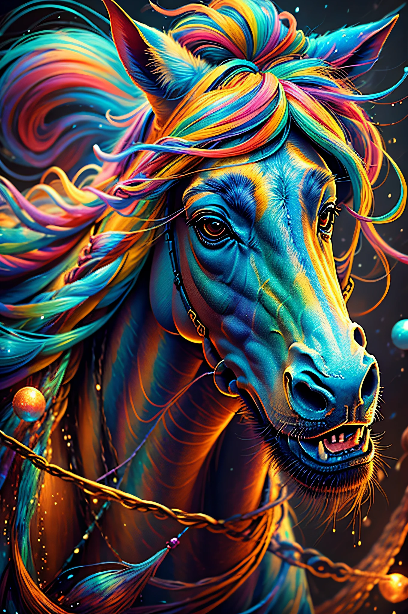 a painting of a colorful horse on a black background, breathtaking render, within a radiant connection, inspired by Kinuko Y. Craft,, magical elements, wow, is beautiful, casting a multi colorful spell, bright flash, flash