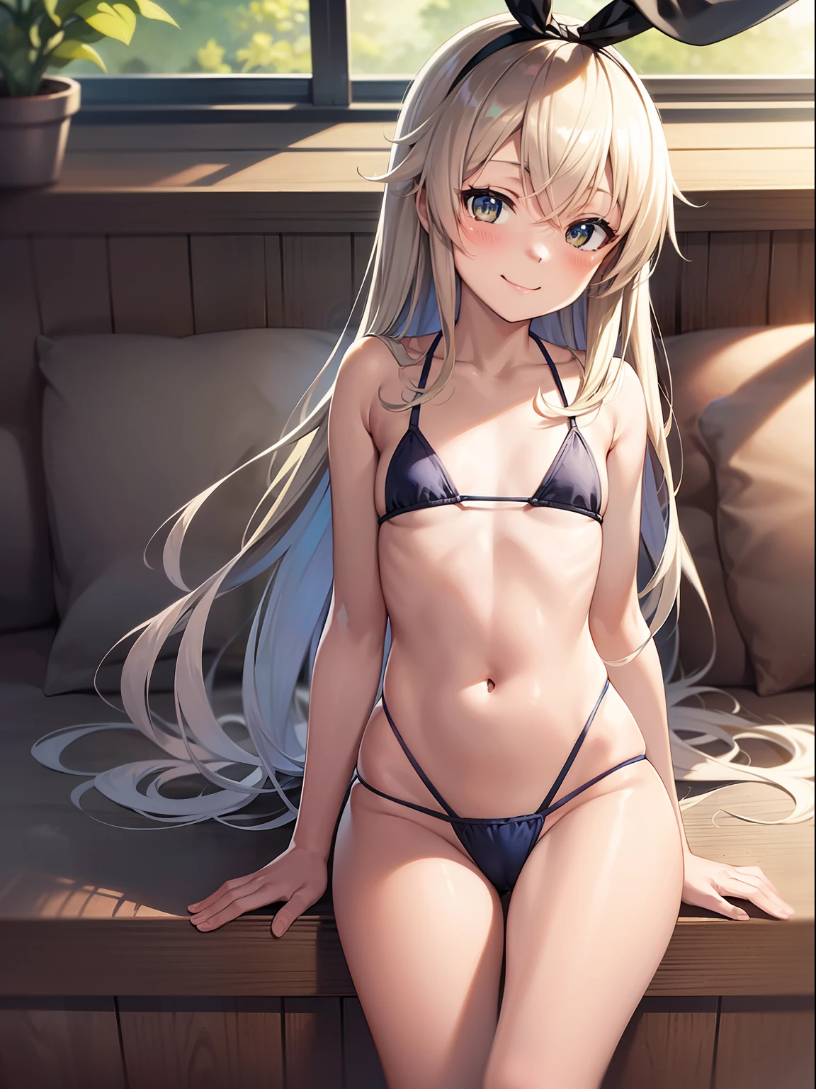 asterpiece, best quality, ultra detailed illustration, official art, anime painting, shimakaze kancolle, girl, smile, blush, flat chest, micro bikini, cameltoe, thighs, bedroom