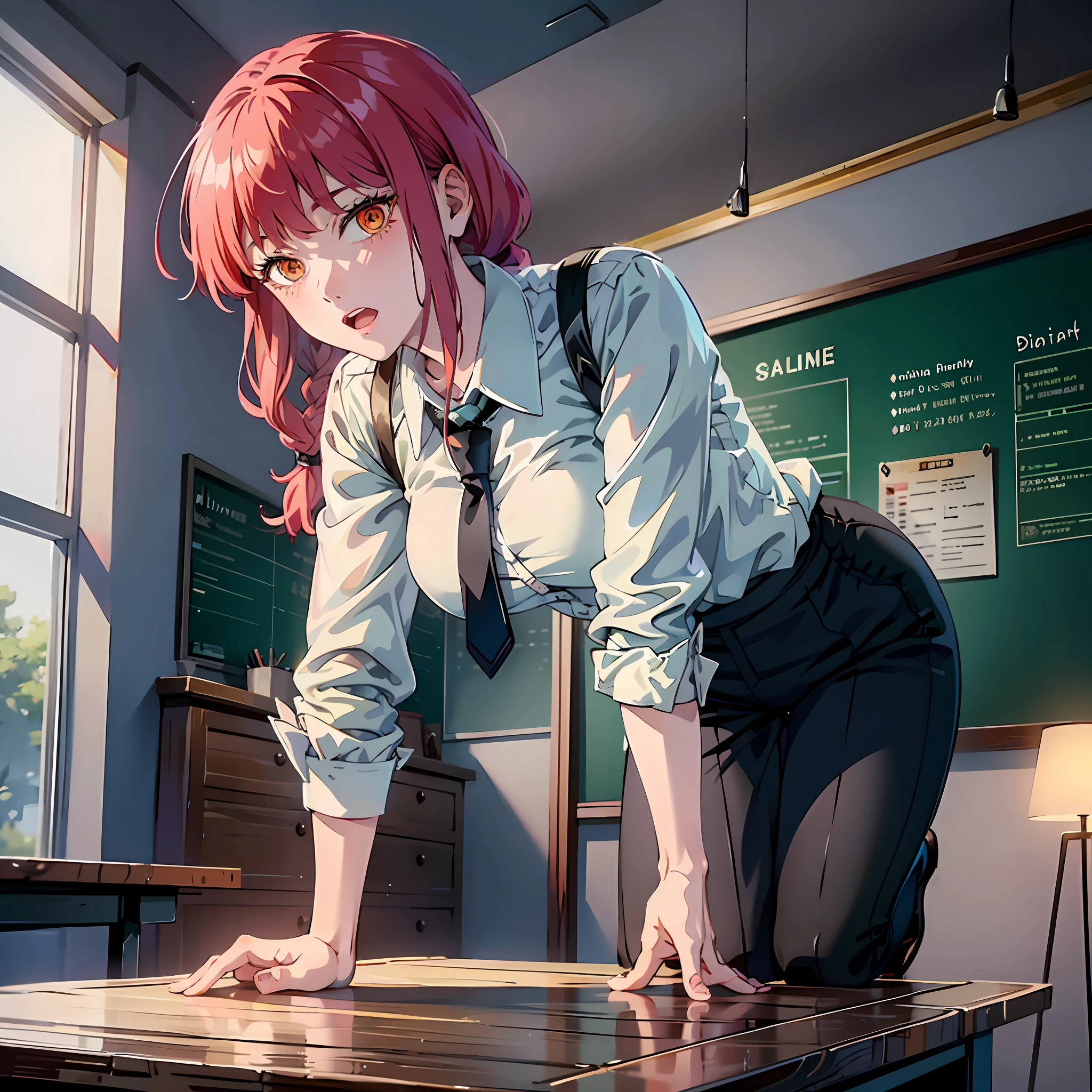 1girl, solo, thigh boots, white shirt, black pants, black footwear, (((masterpiece,high resolution,best quality))), solo, bent over, on table, red hair, looking at viewer, open mouth, solo, blush, wet clothes, heart, wet, short hair, pervert, from behind, fullbody, beautiful thighs, hands on table, school, classroom, desk, Makima, black tie, chainsaw man anime, sexy, suit pants