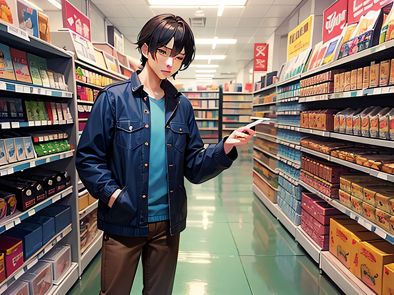 man,Being in store,Wear a blue shirt jacket,Brown jeans,Picking products,Be prepared to pay,Anime Style
