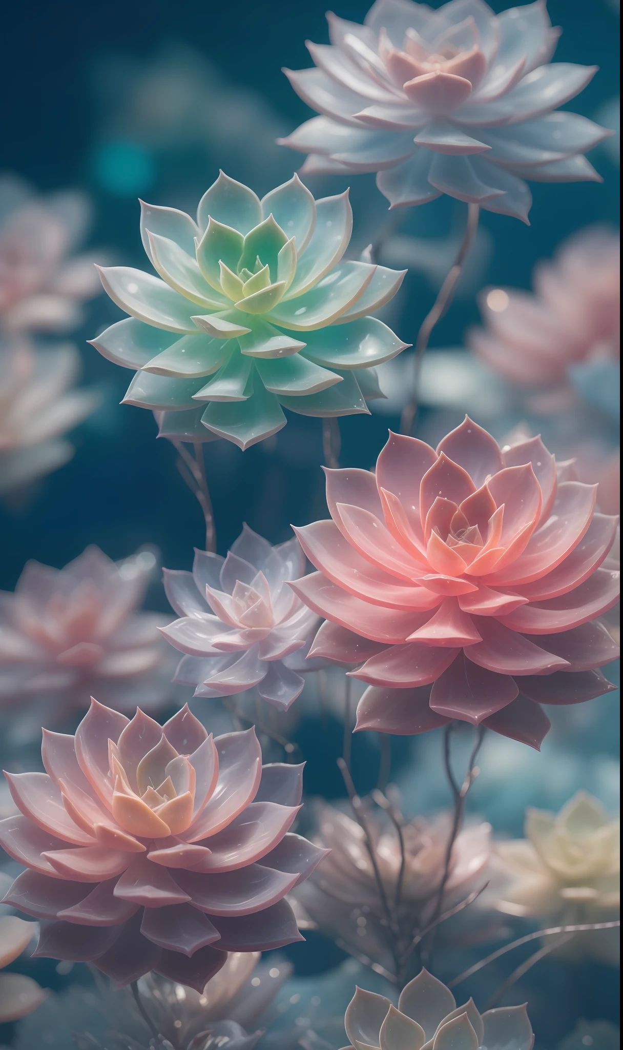 Crystal fantasy, Succulents, Full-color, toe-up, countless crystal feathers flutter in the air,
fantasy, galaxy, transparent, shallow depth of field, jade bokeh, sparkling, sparkling, stunning, colourful,
Magical Photography, Dramatic Lighting, photo realism, Ultra Detail, 4K, DOF, High Resolution