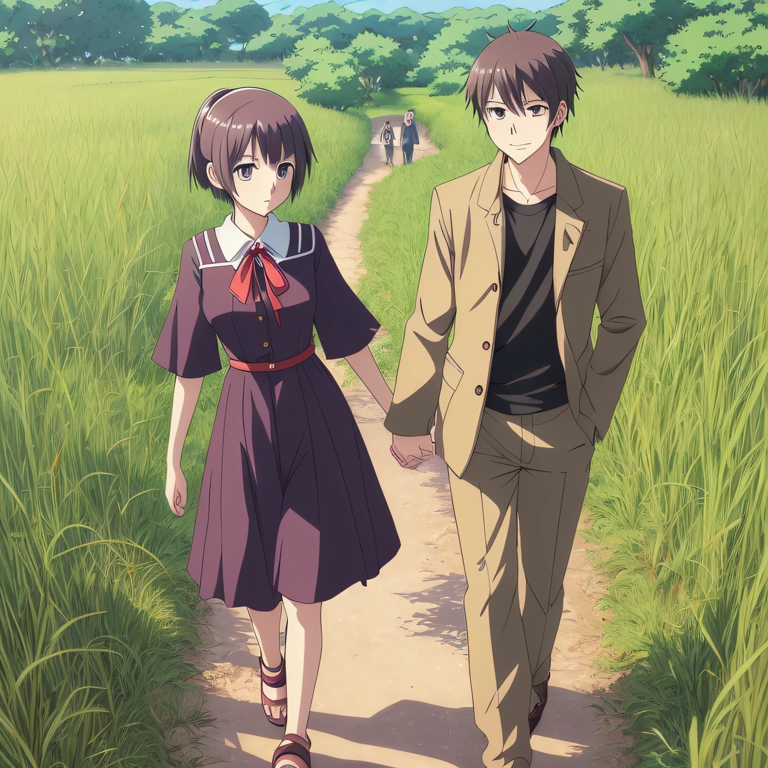 Anime pictures of a couple walking hand in hand in a rice field,Lovely couple,Miyazaki manga style,manga painting,anime painting,PhotoRealistic!!!!!!Arts Style,couple pose,PhotoRealistic的动漫3D风格,!!fullbody portrait!,Miyazaki anime art style,anime picture,anime style portrait,cute art style,Beautiful friend painting,Anime Style,Hayao Miyazaki anime style art --auto --s2