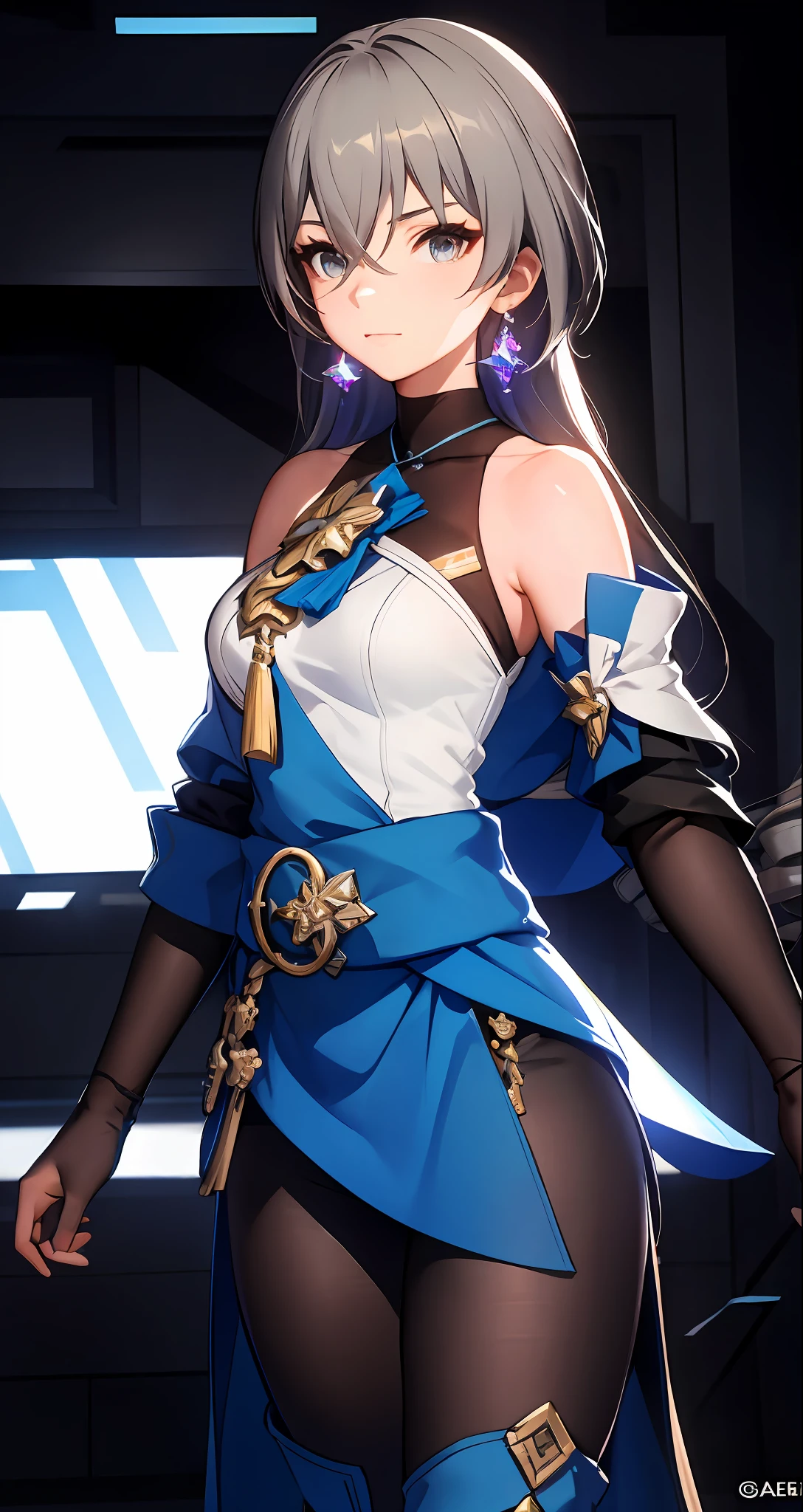 ph bronya, 1girl, solo, accessories, earrings, long hair, gray hair, bangs, drill, bare shoulder, grey eyes, boots, stockings, hair between eyes, boots, elbow gloves, sleeveless, black gloves, double diamonds, belt, leggings, white skirt, chest, small breast, black shoes, long sleeves, (Masterpiece: 1.2, Excellent), (Delicate Eyes: 1.2), (Background Detailed, Dark Fantasy), (Beautiful Detailed Face), High Contrast, (Best Lighting, Extremely Delicate and Beautiful), ((Cinematic Light)), Colorful, Hyperdetailed, Dramatic Light, Intricate Details, (Sharp Facial Hair Between Eyes, Dynamic Angle), Black Light Rotating Around Characters, Depth of Field, Black Light Particles, (Broken Glass), Slender Figure, Perfect Figure, City Background, (Realisticity: 1.2), (Pureerosface _v1:0.5), cowboy shot, Honkai Star Orbit
