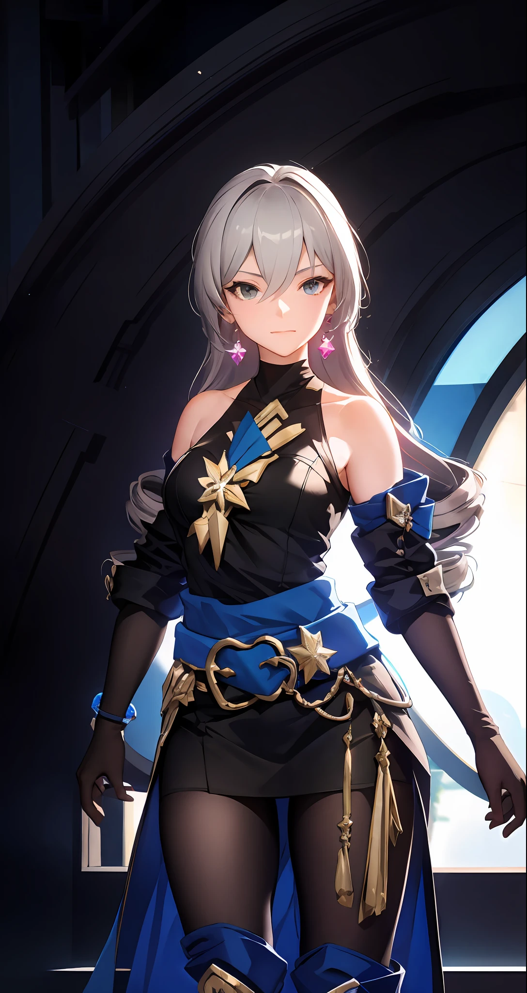 ph bronya, 1girl, solo, accessories, earrings, long hair, gray hair, bangs, drill, bare shoulder, grey eyes, boots, stockings, hair between eyes, boots, elbow gloves, sleeveless, black gloves, double diamonds, belt, leggings, white skirt, chest, small breast, black shoes, long sleeves, (Masterpiece: 1.2, Excellent), (Delicate Eyes: 1.2), (Background Detailed, Dark Fantasy), (Beautiful Detailed Face), High Contrast, (Best Lighting, Extremely Delicate and Beautiful), ((Cinematic Light)), Colorful, Hyperdetailed, Dramatic Light, Intricate Details, (Sharp Facial Hair Between Eyes, Dynamic Angle), Black Light Rotating Around Characters, Depth of Field, Black Light Particles, (Broken Glass), Slender Figure, Perfect Figure, City Background, (Realisticity: 1.2), (Pureerosface _v1:0.5), cowboy shot, Honkai Star Orbit